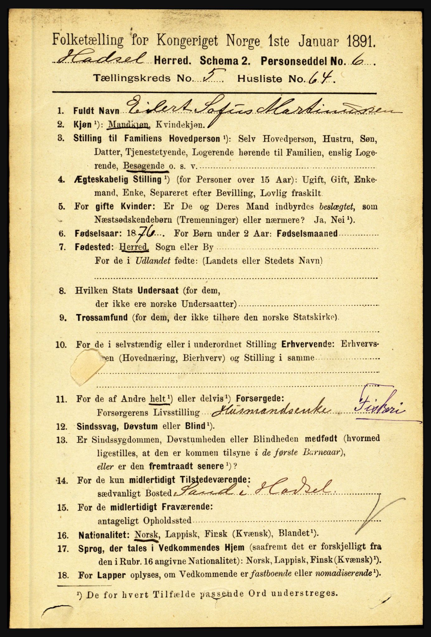 RA, 1891 census for 1866 Hadsel, 1891, p. 2568