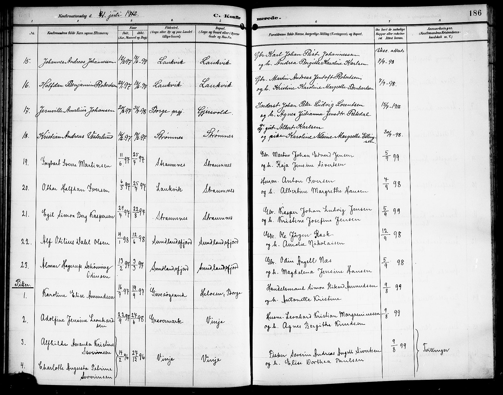 Ministerialprotokoller, klokkerbøker og fødselsregistre - Nordland, AV/SAT-A-1459/876/L1105: Parish register (copy) no. 876C04, 1896-1914, p. 186