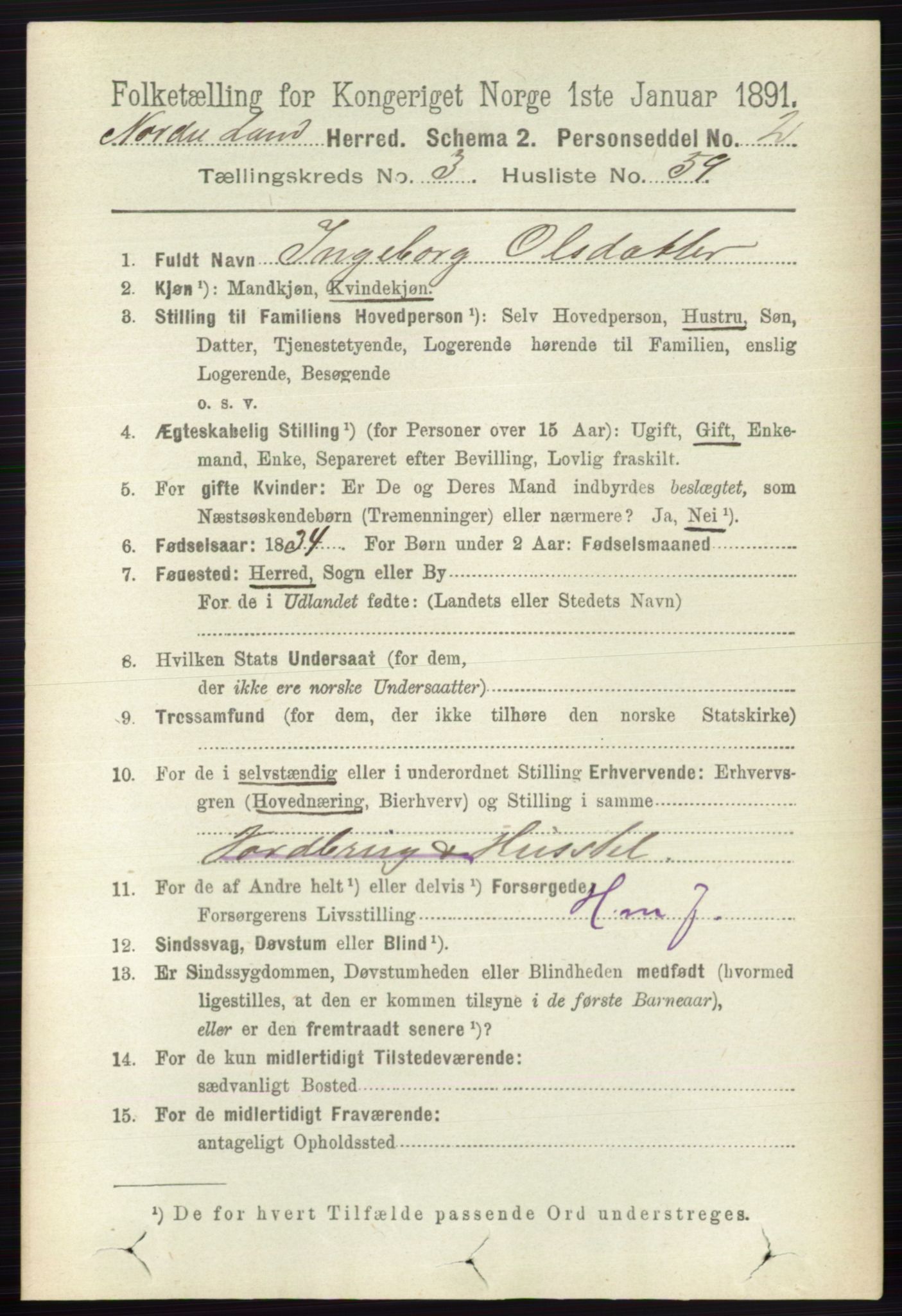 RA, 1891 census for 0538 Nordre Land, 1891, p. 1272