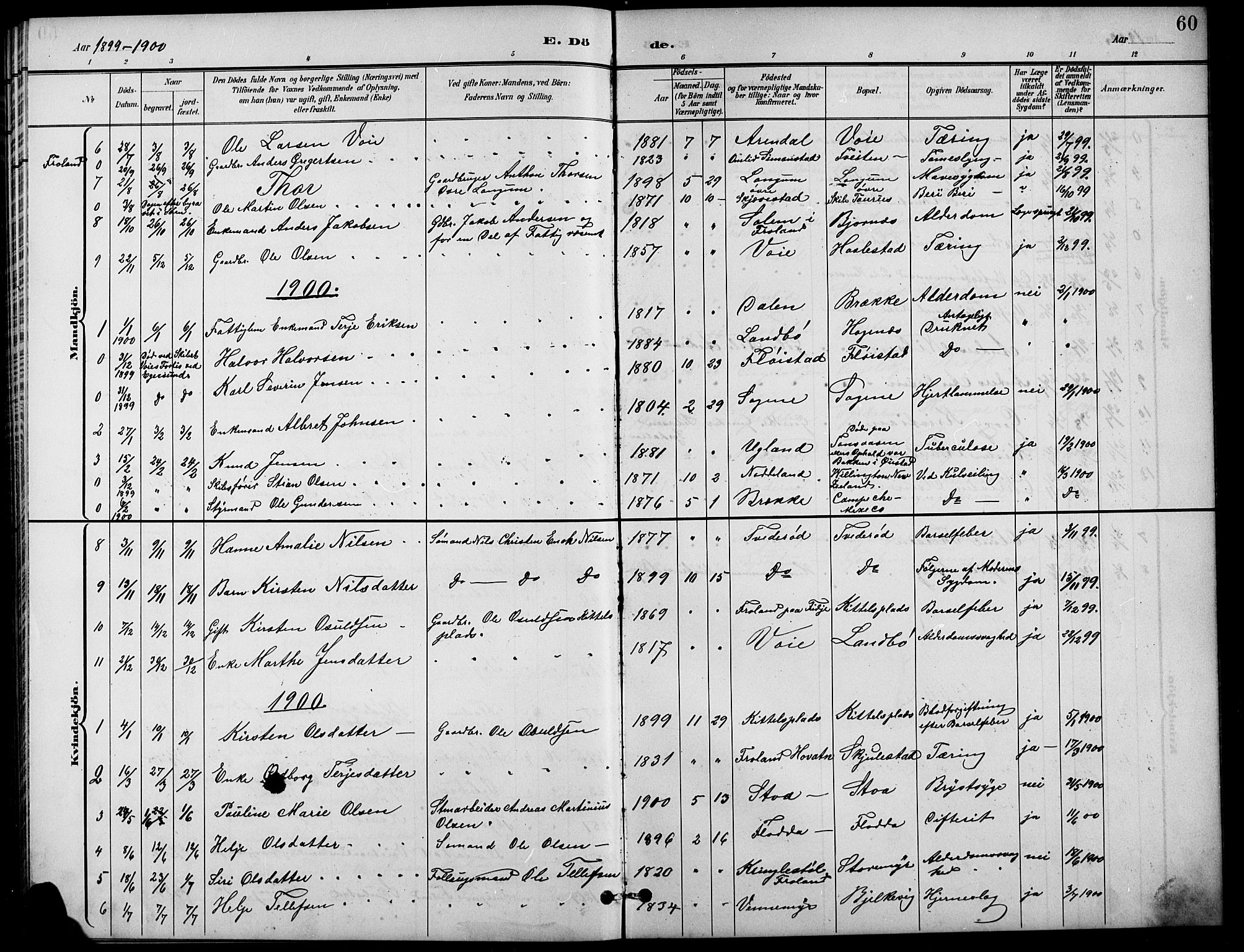 Austre Moland sokneprestkontor, SAK/1111-0001/F/Fb/Fba/L0004: Parish register (copy) no. B 4a, 1897-1913, p. 60