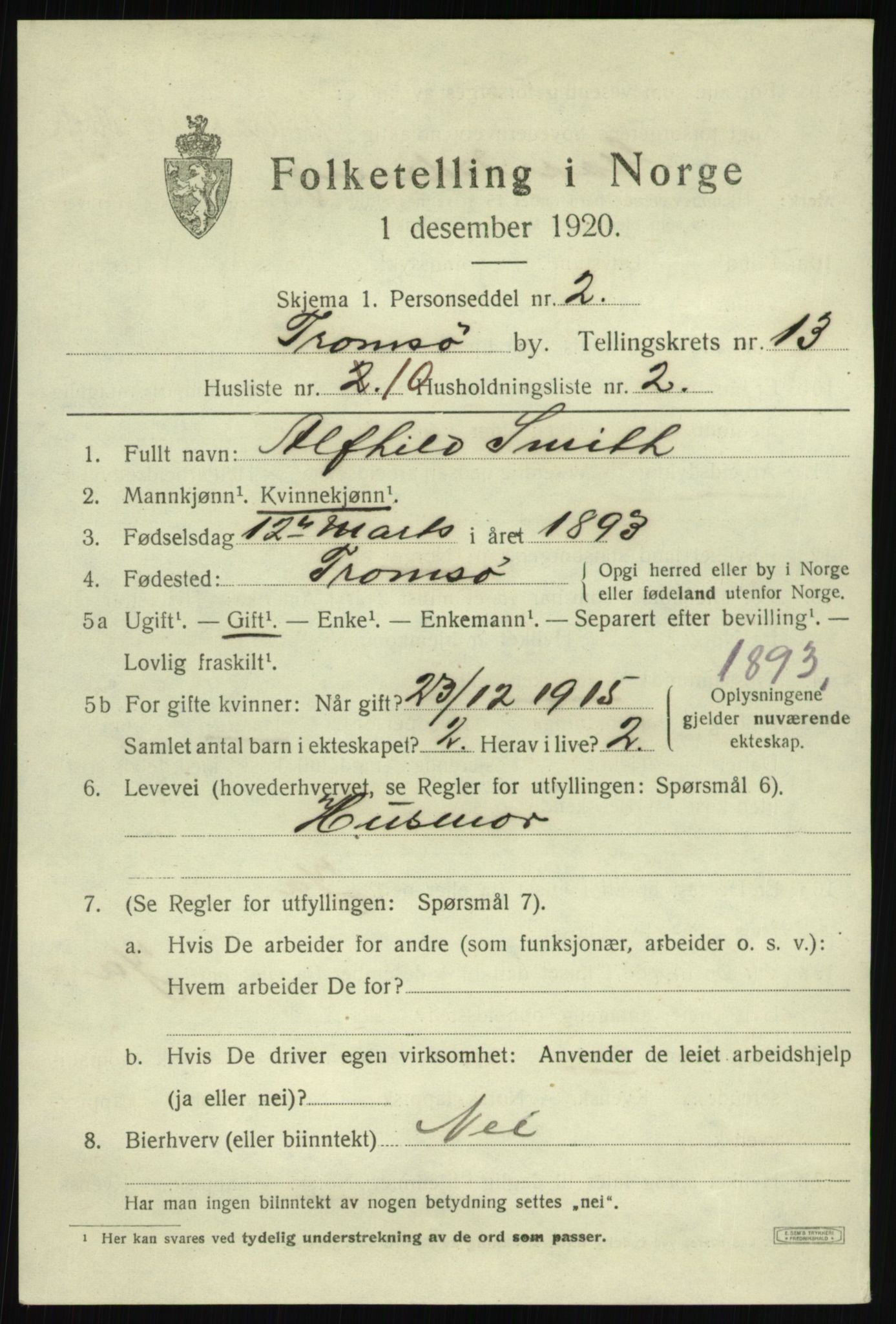 SATØ, 1920 census for Tromsø, 1920, p. 25141