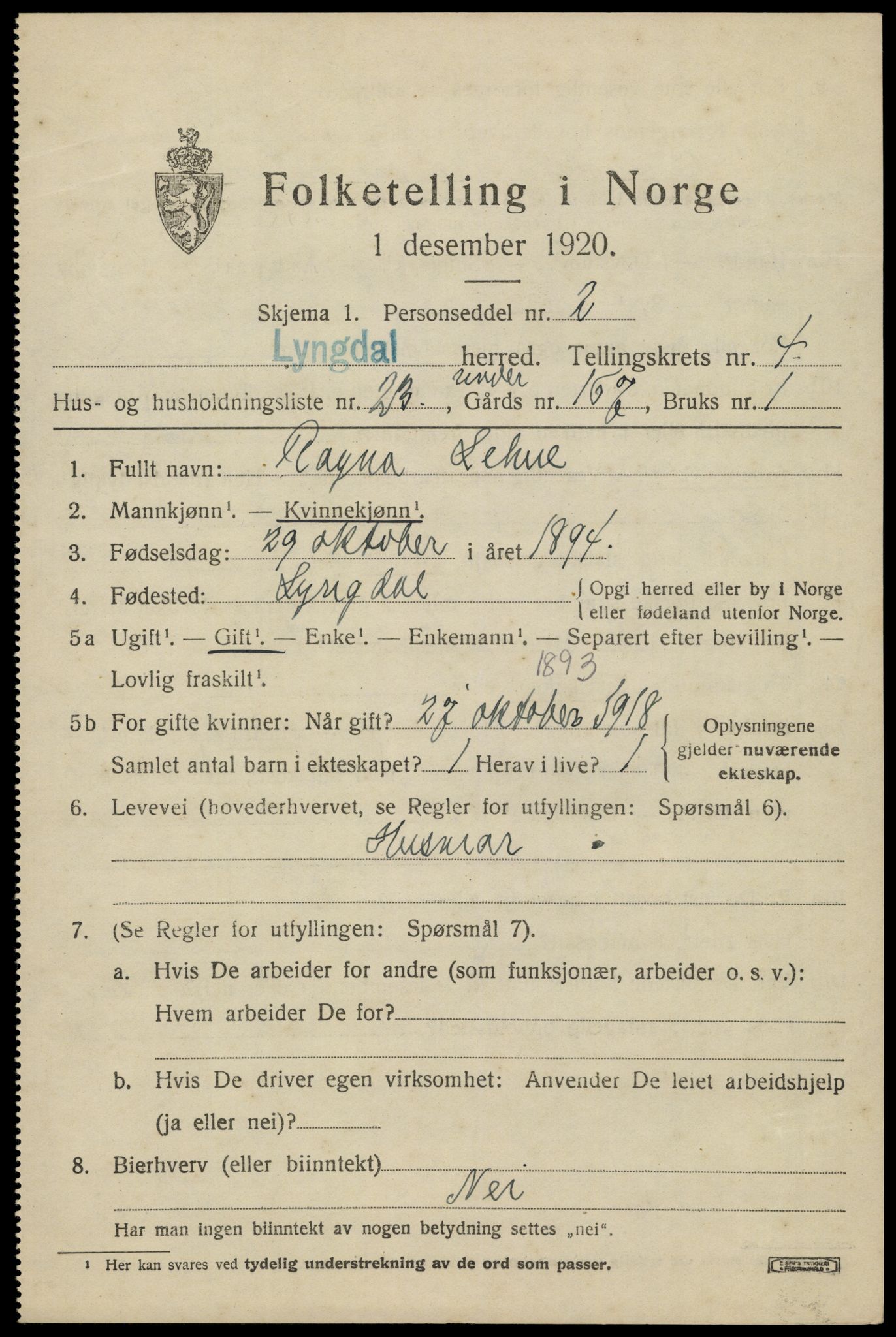 SAK, 1920 census for Lyngdal, 1920, p. 2587