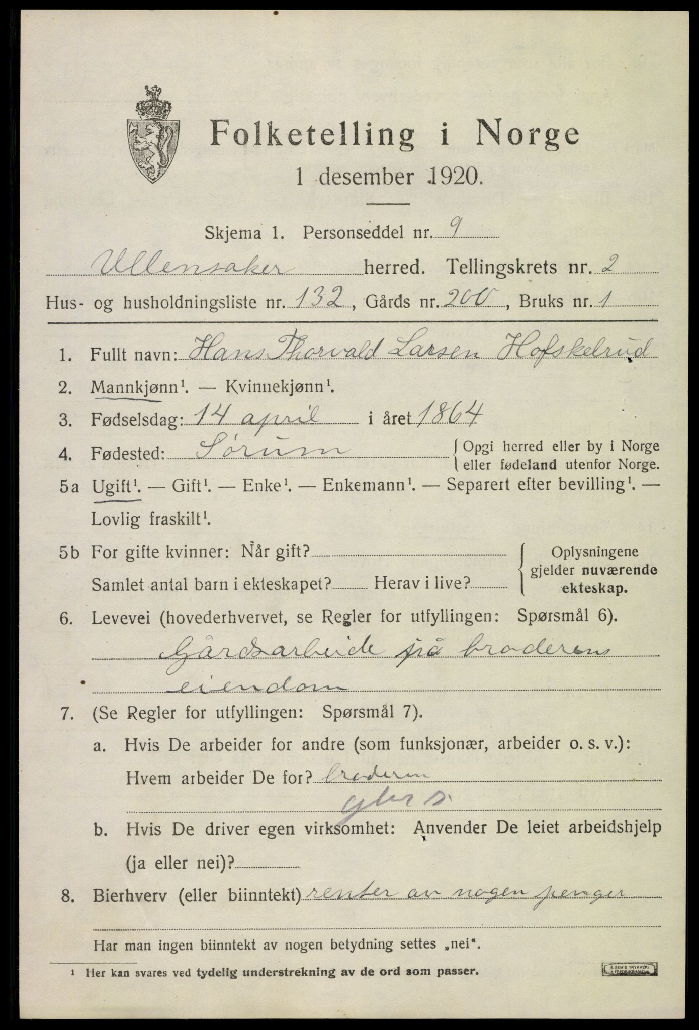 SAO, 1920 census for Ullensaker, 1920, p. 6159