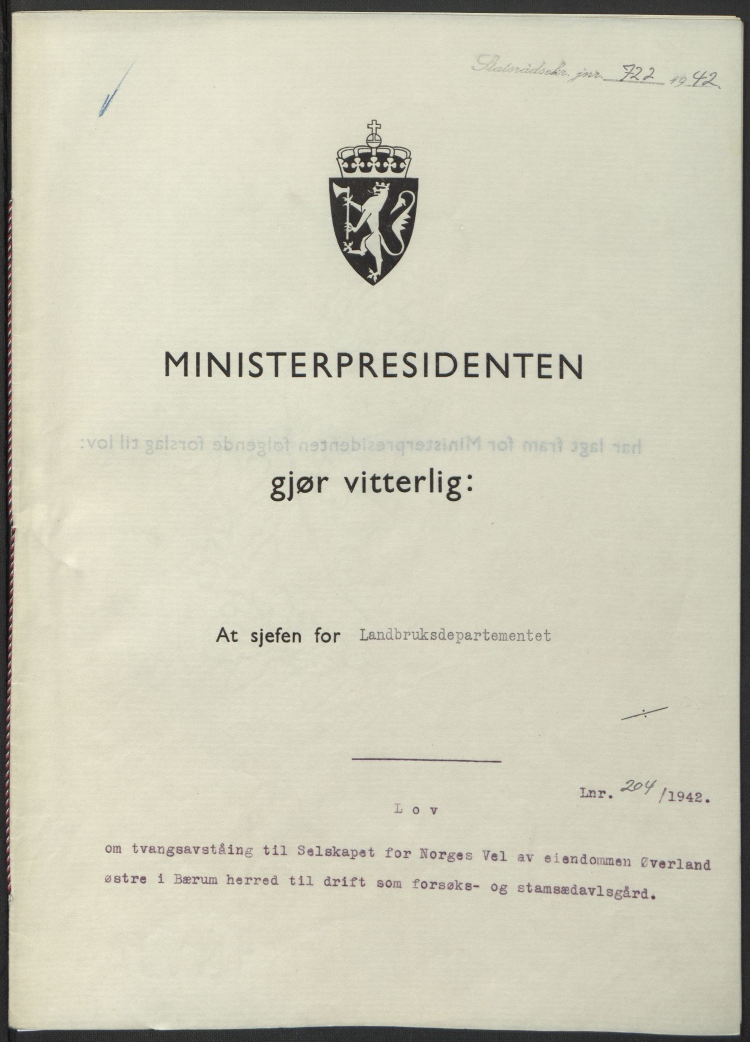 NS-administrasjonen 1940-1945 (Statsrådsekretariatet, de kommisariske statsråder mm), RA/S-4279/D/Db/L0098: Lover II, 1942, p. 440