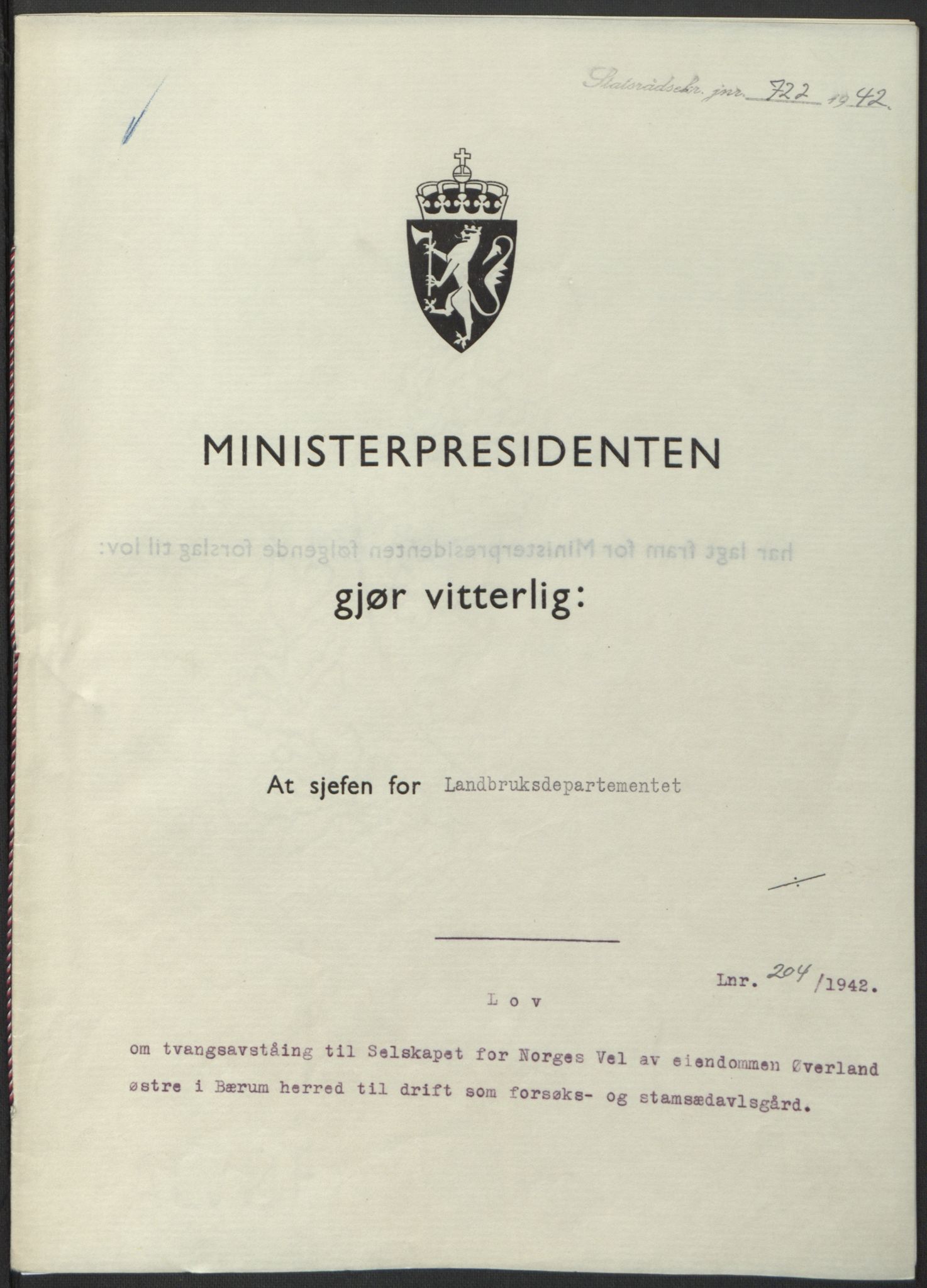 NS-administrasjonen 1940-1945 (Statsrådsekretariatet, de kommisariske statsråder mm), AV/RA-S-4279/D/Db/L0098: Lover II, 1942, p. 440