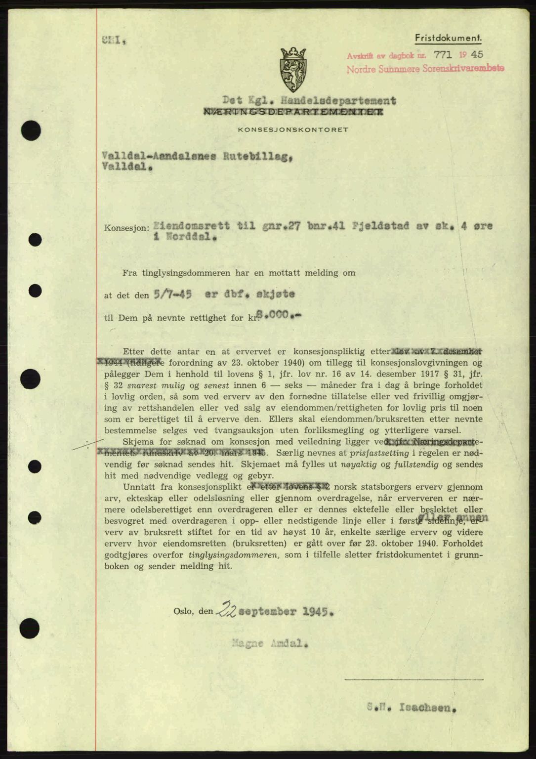 Nordre Sunnmøre sorenskriveri, SAT/A-0006/1/2/2C/2Ca: Mortgage book no. B6-14 a, 1942-1945, Diary no: : 771/1945
