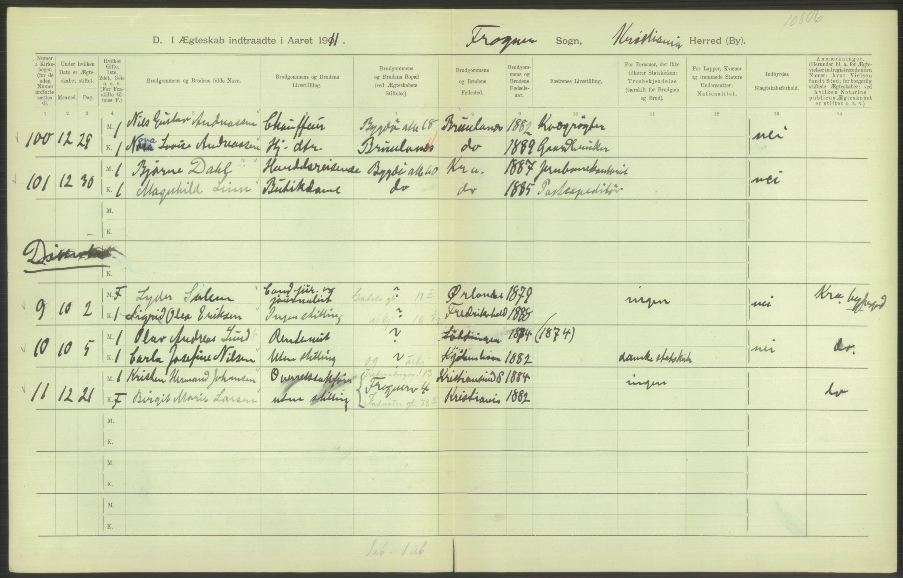 Statistisk sentralbyrå, Sosiodemografiske emner, Befolkning, AV/RA-S-2228/D/Df/Dfb/Dfba/L0008: Kristiania: Gifte, 1911, p. 370