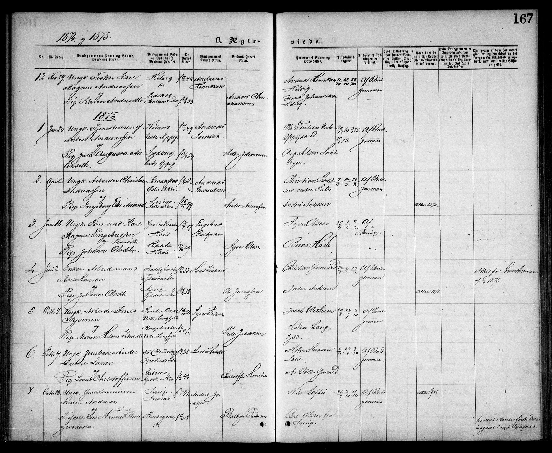 Nesodden prestekontor Kirkebøker, AV/SAO-A-10013/F/Fa/L0008: Parish register (official) no. I 8, 1869-1879, p. 167