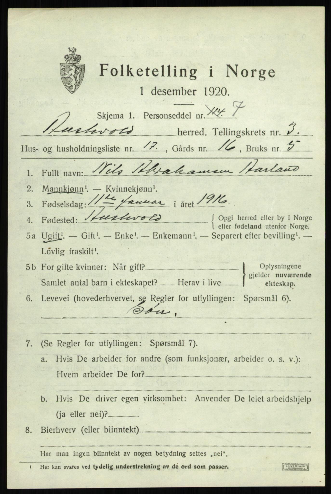 SAB, 1920 census for Austevoll, 1920, p. 2326