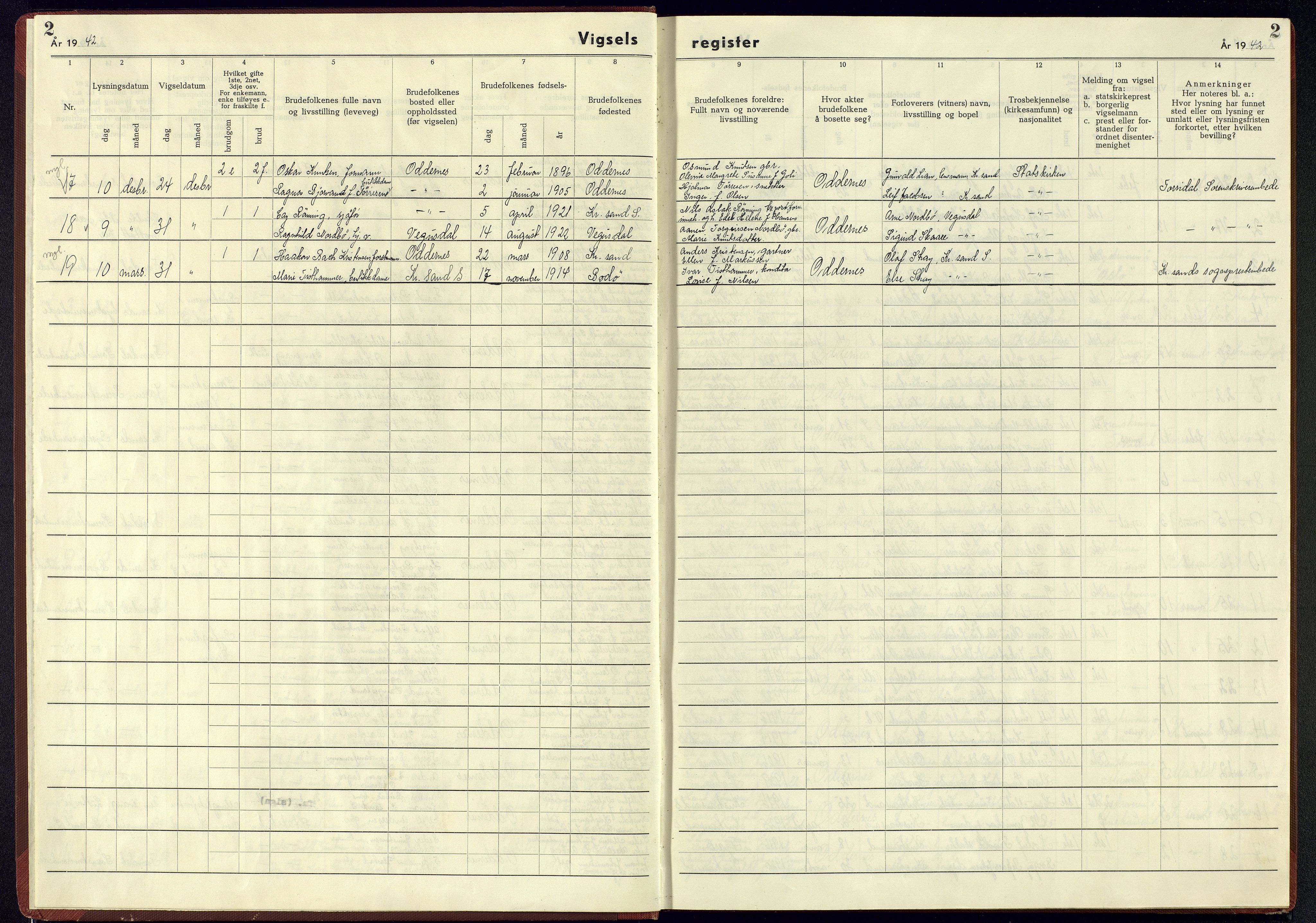 Oddernes sokneprestkontor, AV/SAK-1111-0033/J/Jb/L0005: Marriage register no. 5, 1942-1945, p. 2