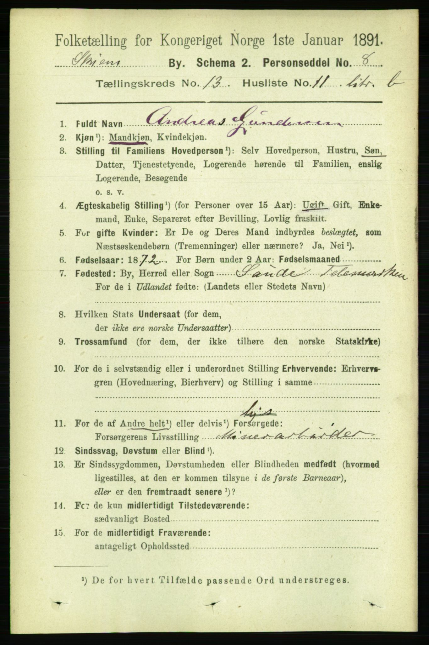 RA, 1891 census for 0806 Skien, 1891, p. 4182