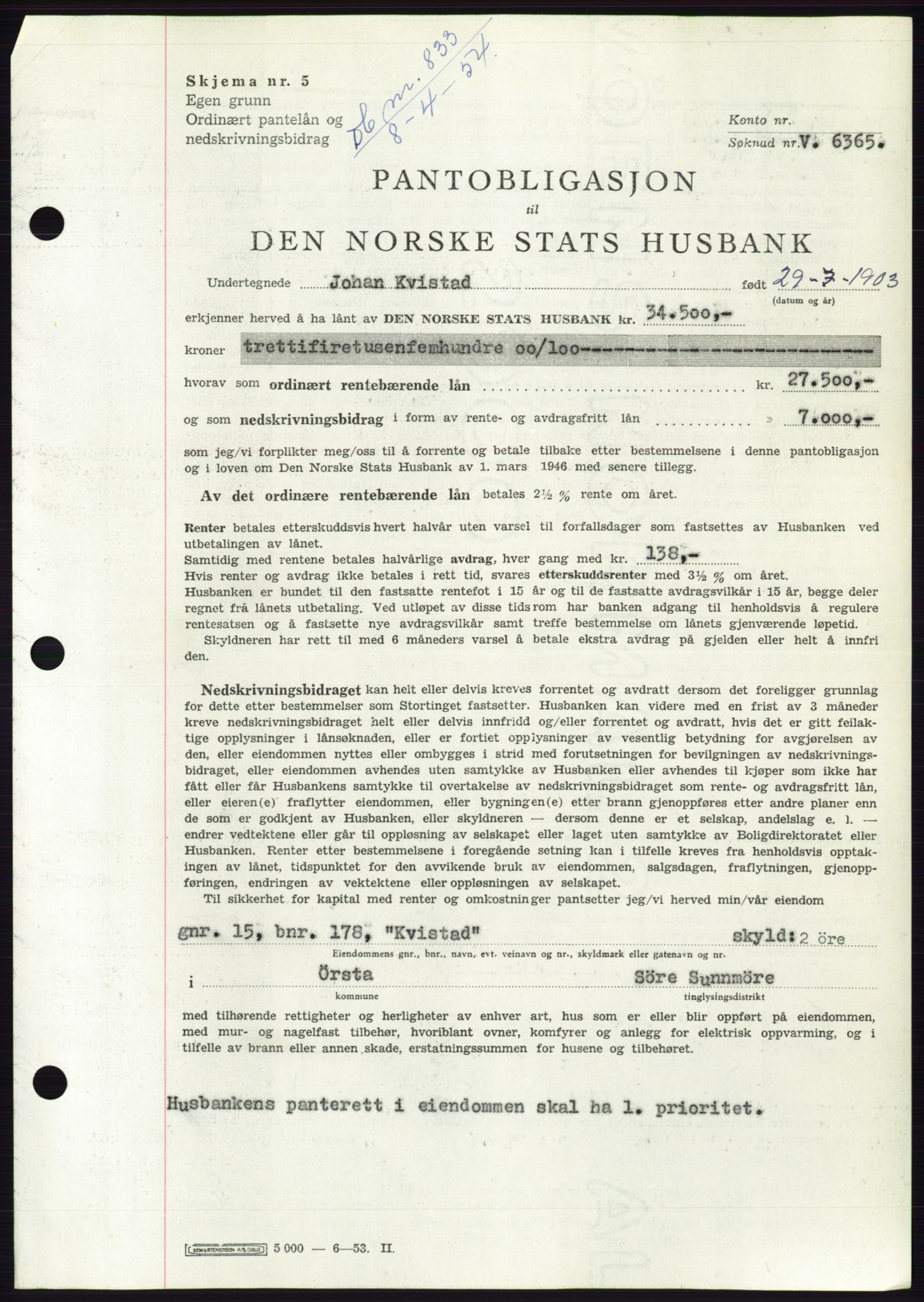 Søre Sunnmøre sorenskriveri, AV/SAT-A-4122/1/2/2C/L0124: Mortgage book no. 12B, 1953-1954, Diary no: : 833/1954