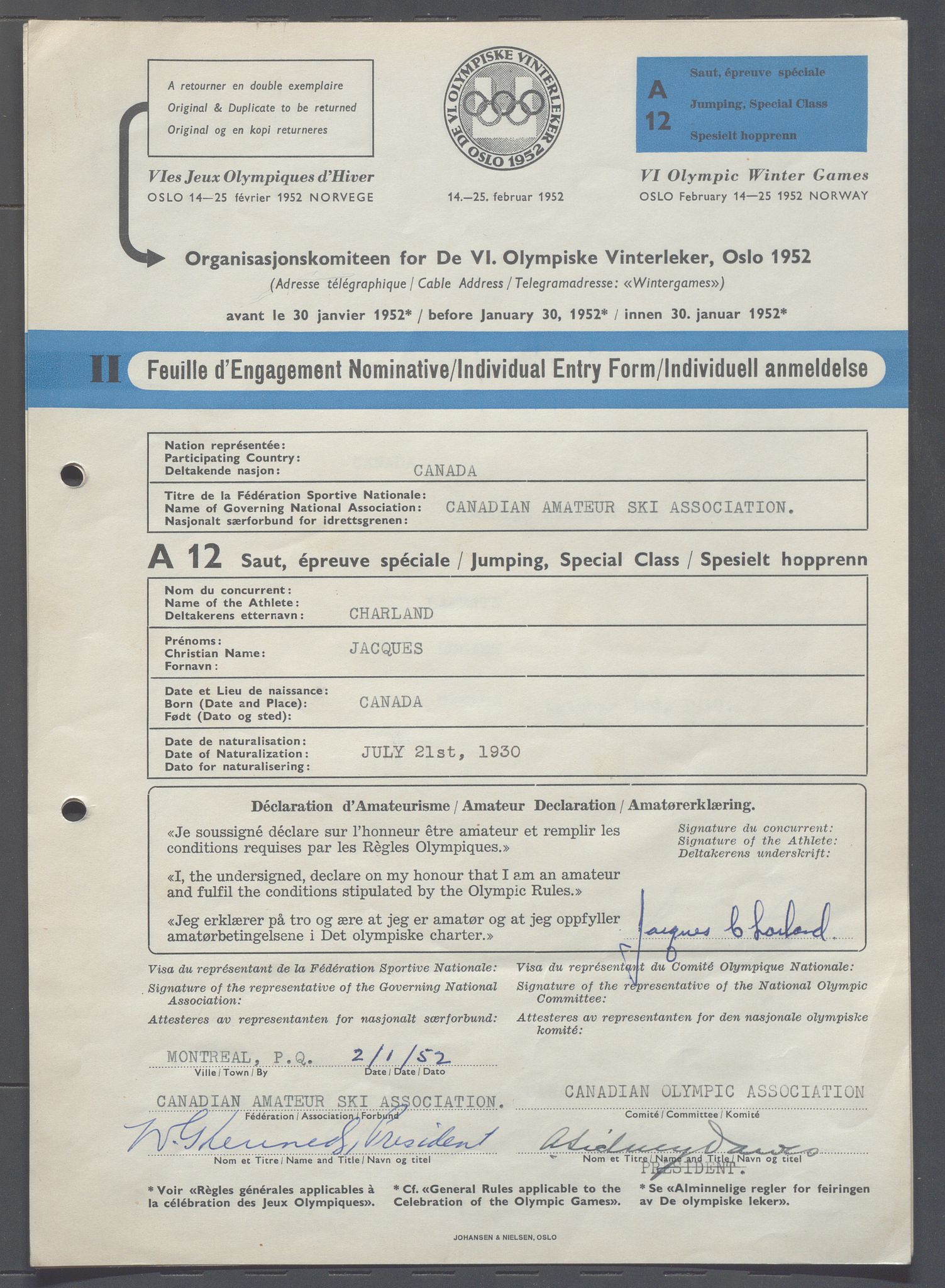 Organisasjonskomiteen for de VI. olympiske vinterleker, OBA/A-20130/H/Ha, 1951-1952, p. 919