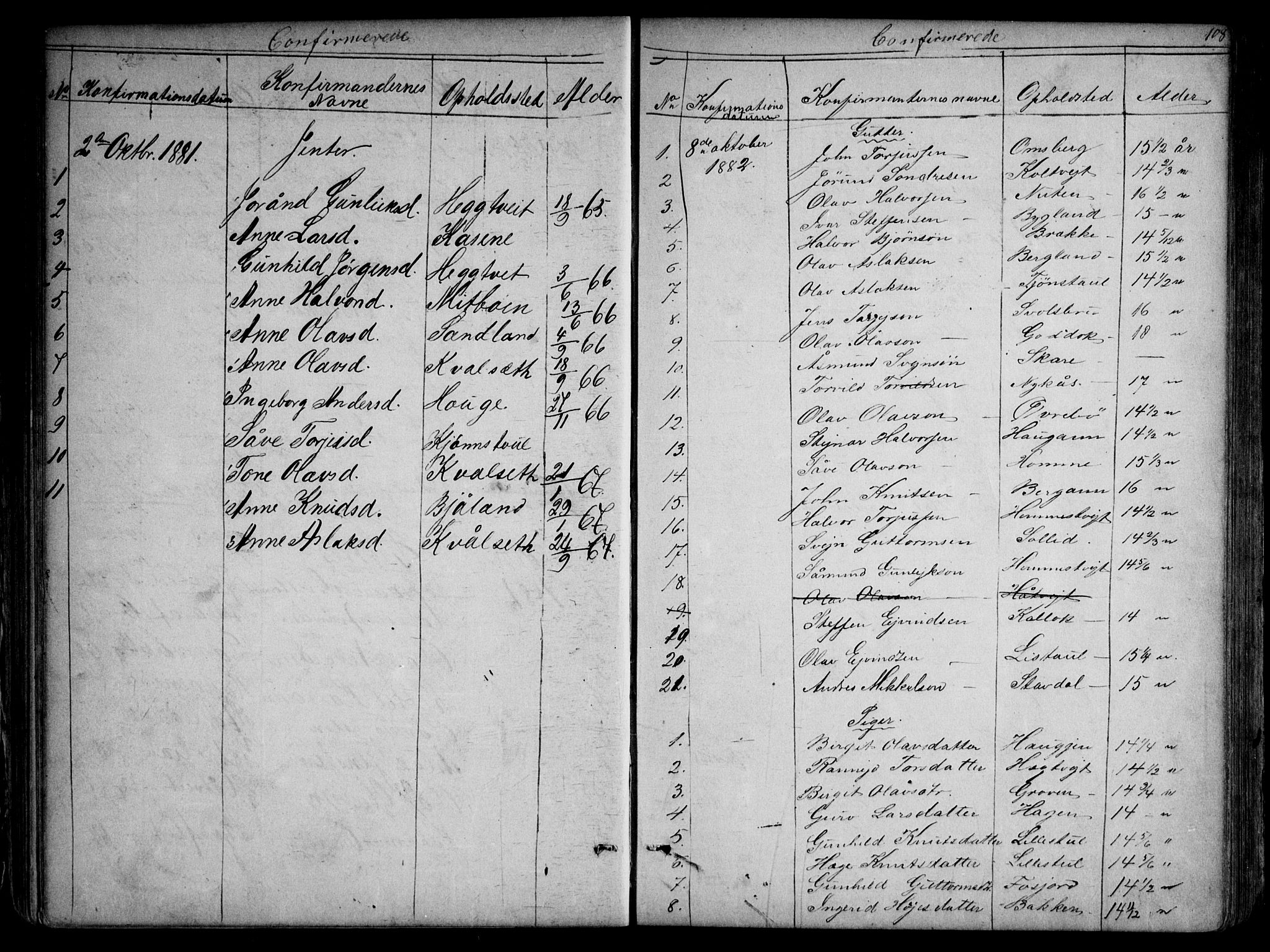 Kviteseid kirkebøker, SAKO/A-276/G/Gb/L0002: Parish register (copy) no. II 2, 1850-1892, p. 108