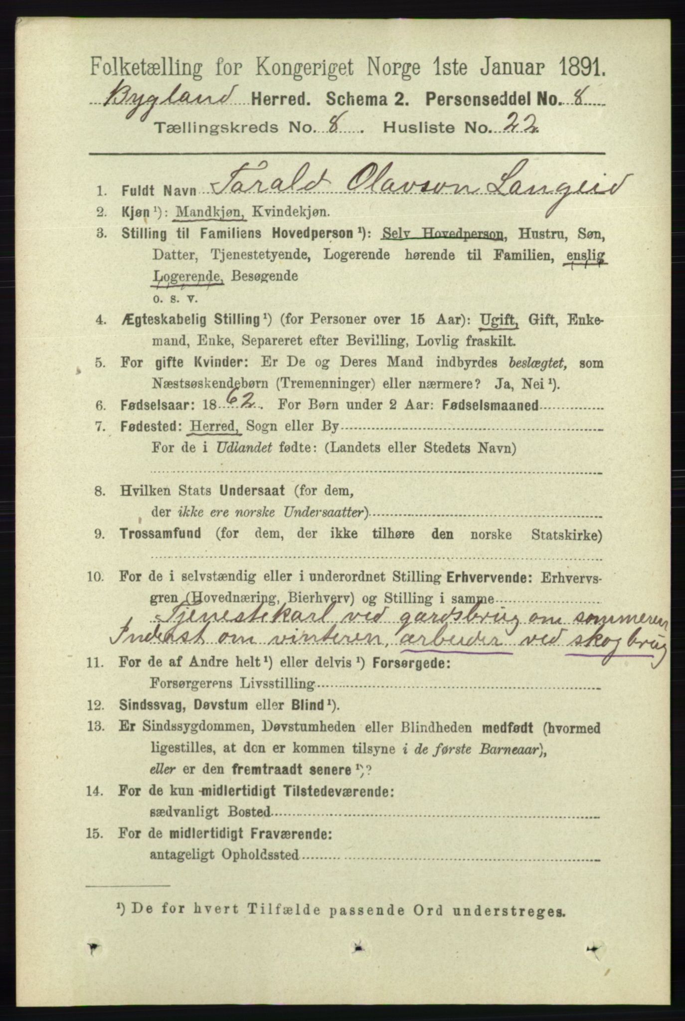 RA, 1891 census for 0938 Bygland, 1891, p. 2061