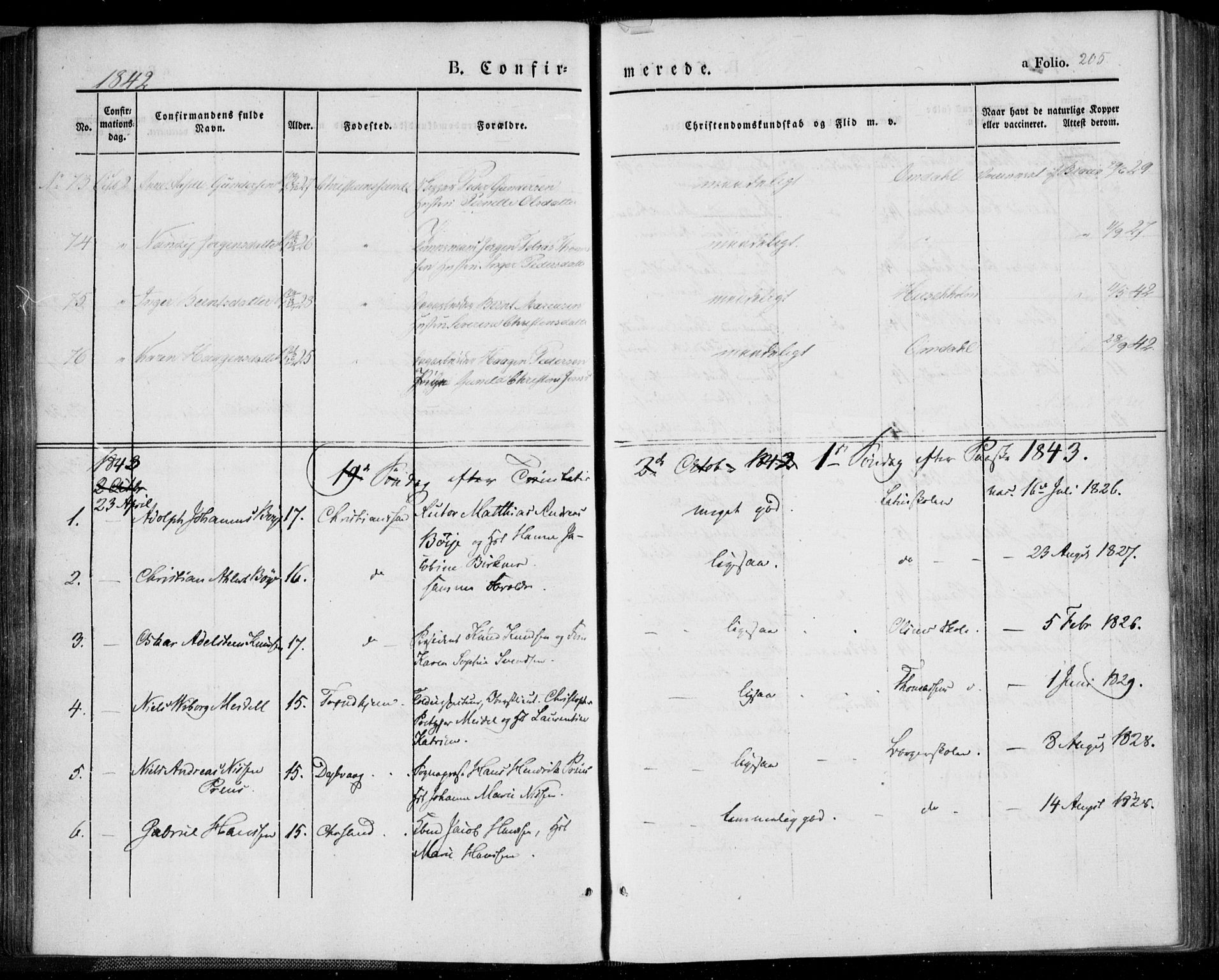 Kristiansand domprosti, SAK/1112-0006/F/Fa/L0013: Parish register (official) no. A 13, 1842-1851, p. 205