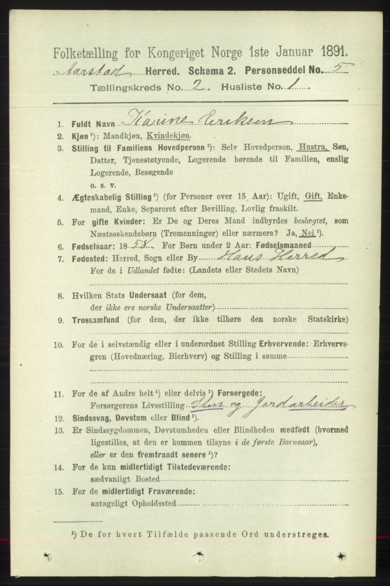 SAB, 1891 Census for 1280 Årstad, 1891, p. 1111