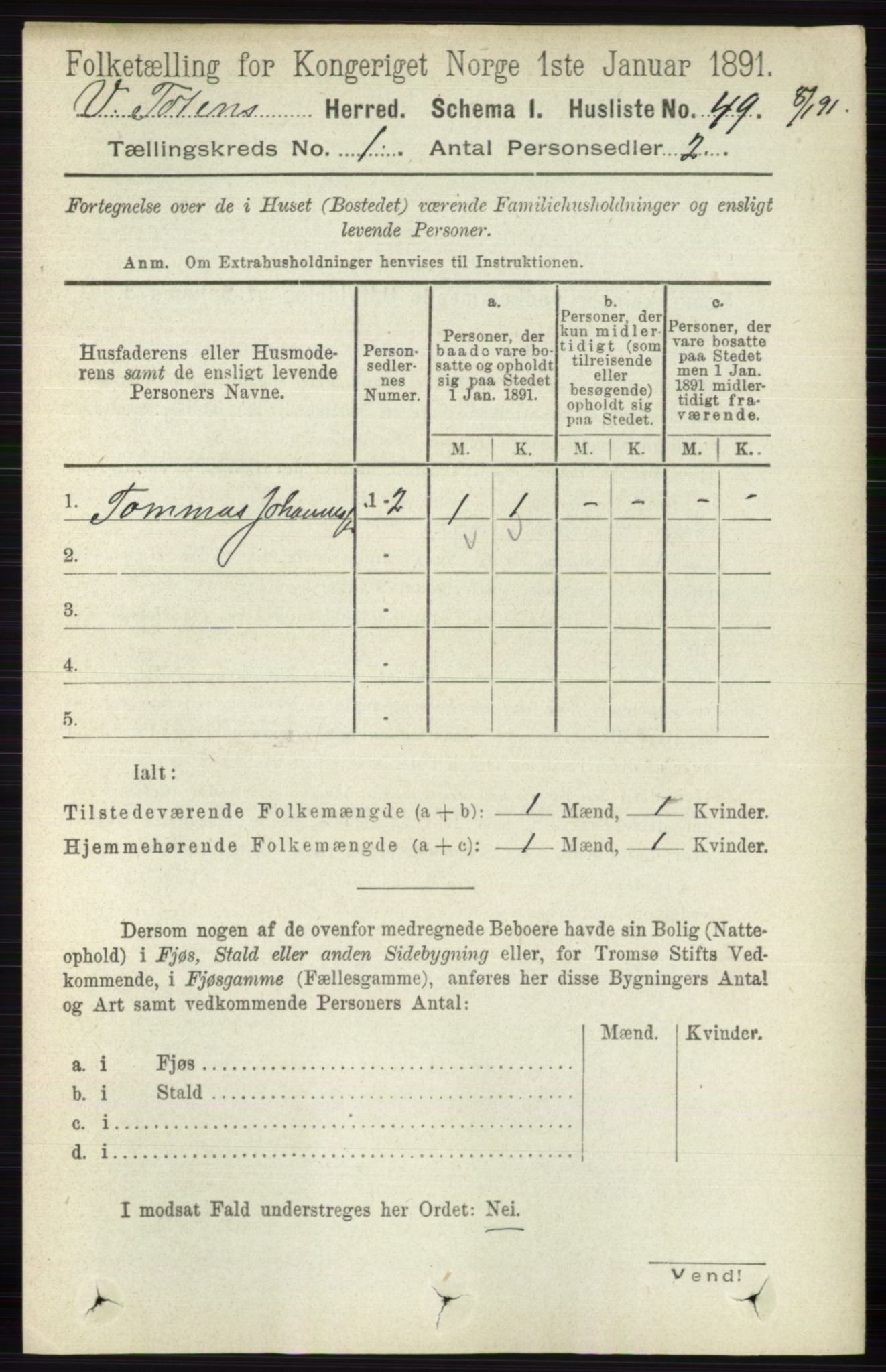 RA, 1891 census for 0529 Vestre Toten, 1891, p. 91