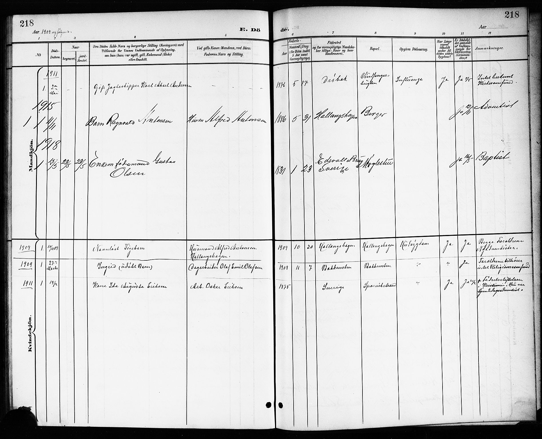 Drøbak prestekontor Kirkebøker, SAO/A-10142a/G/Gb/L0001: Parish register (copy) no. II 1, 1901-1919, p. 218