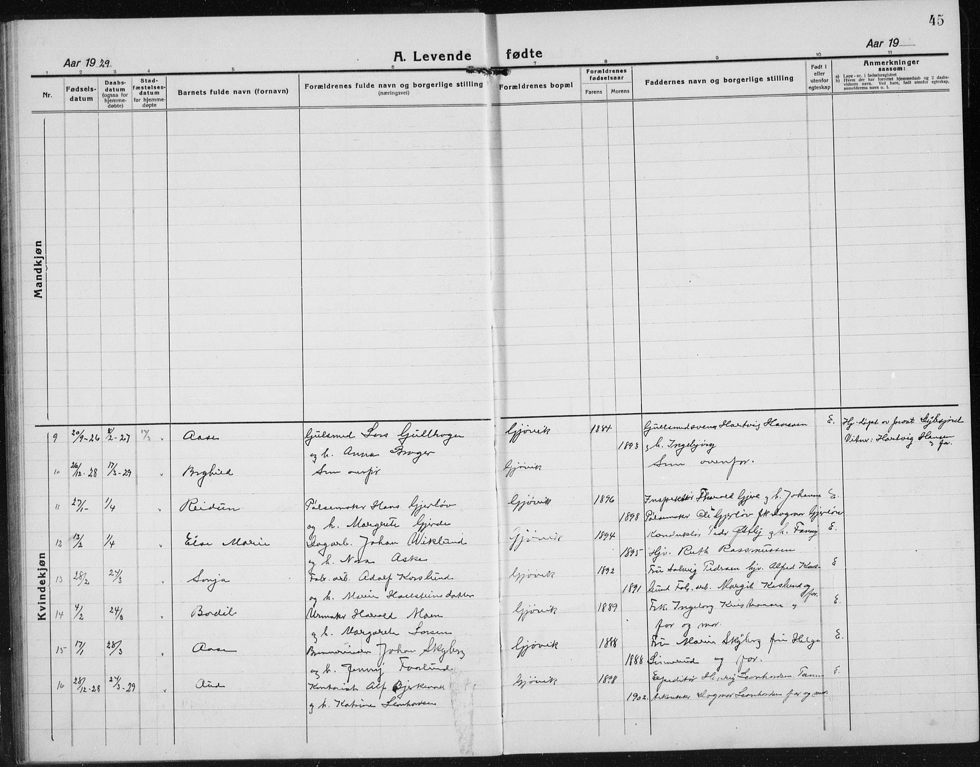 Vardal prestekontor, SAH/PREST-100/H/Ha/Hab/L0017: Parish register (copy) no. 17, 1922-1941, p. 45