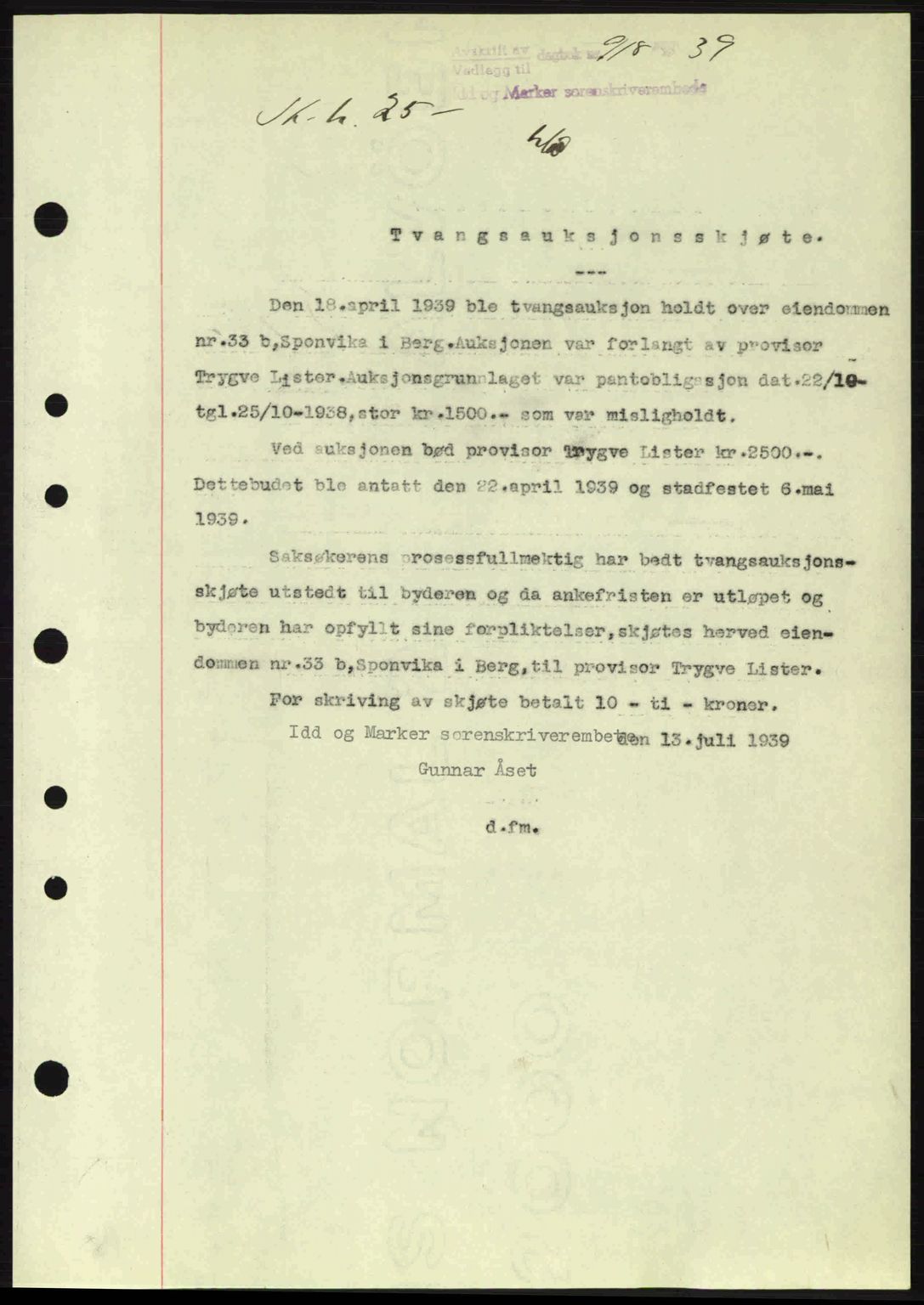 Idd og Marker sorenskriveri, AV/SAO-A-10283/G/Gb/Gbb/L0003: Mortgage book no. A3, 1938-1939, Diary no: : 918/1939