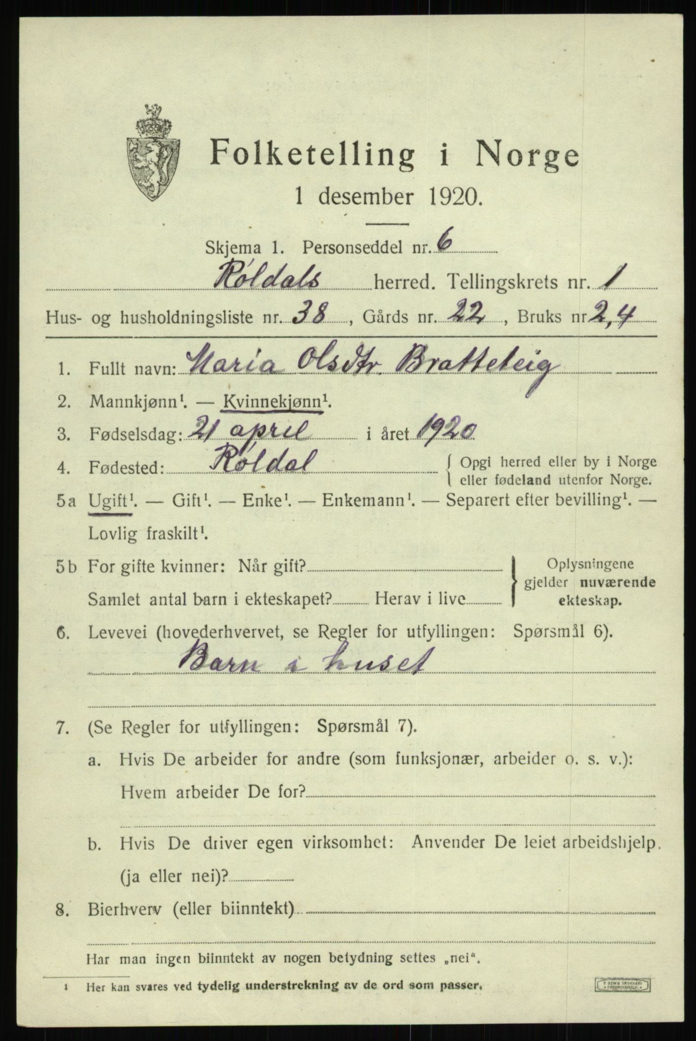 SAB, 1920 census for Røldal, 1920, p. 735