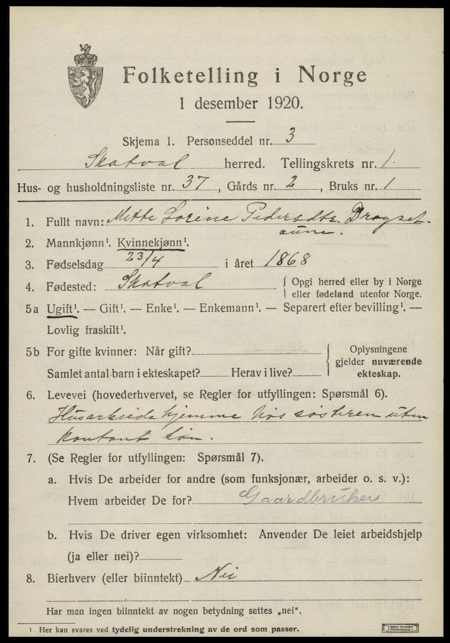 SAT, 1920 census for Skatval, 1920, p. 1147