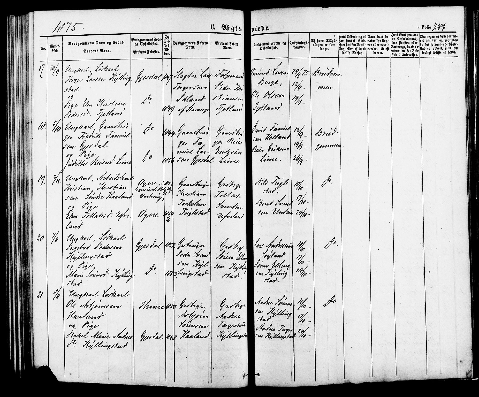 Lye sokneprestkontor, AV/SAST-A-101794/001/30BA/L0008: Parish register (official) no. A 7, 1872-1881, p. 257