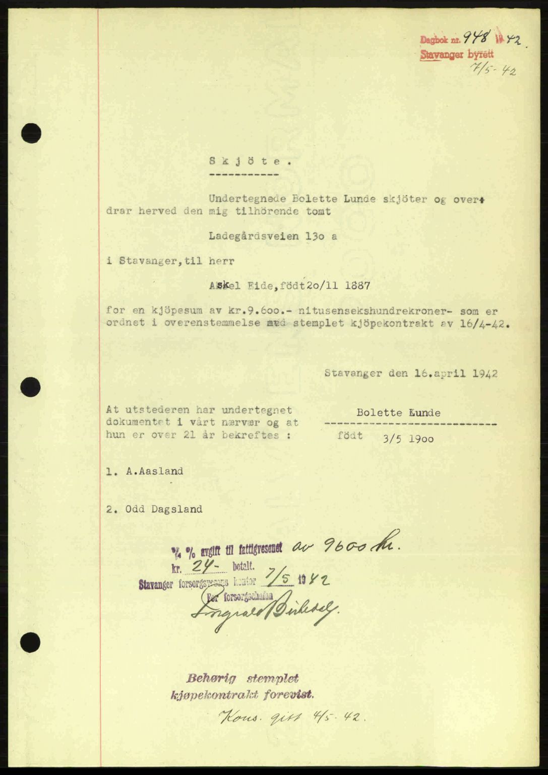 Stavanger byrett, SAST/A-100455/002/G/Gb/L0017: Mortgage book no. A7, 1941-1943, Diary no: : 948/1942