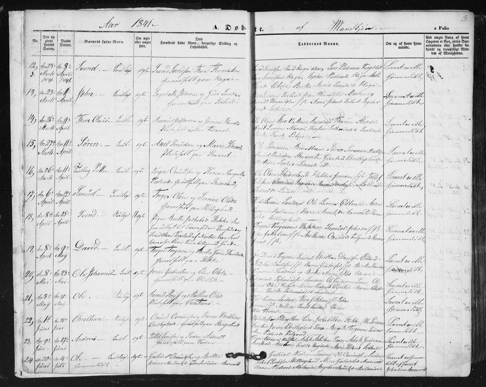 Høyland sokneprestkontor, SAST/A-101799/001/30BA/L0008: Parish register (official) no. A 8, 1841-1856, p. 3