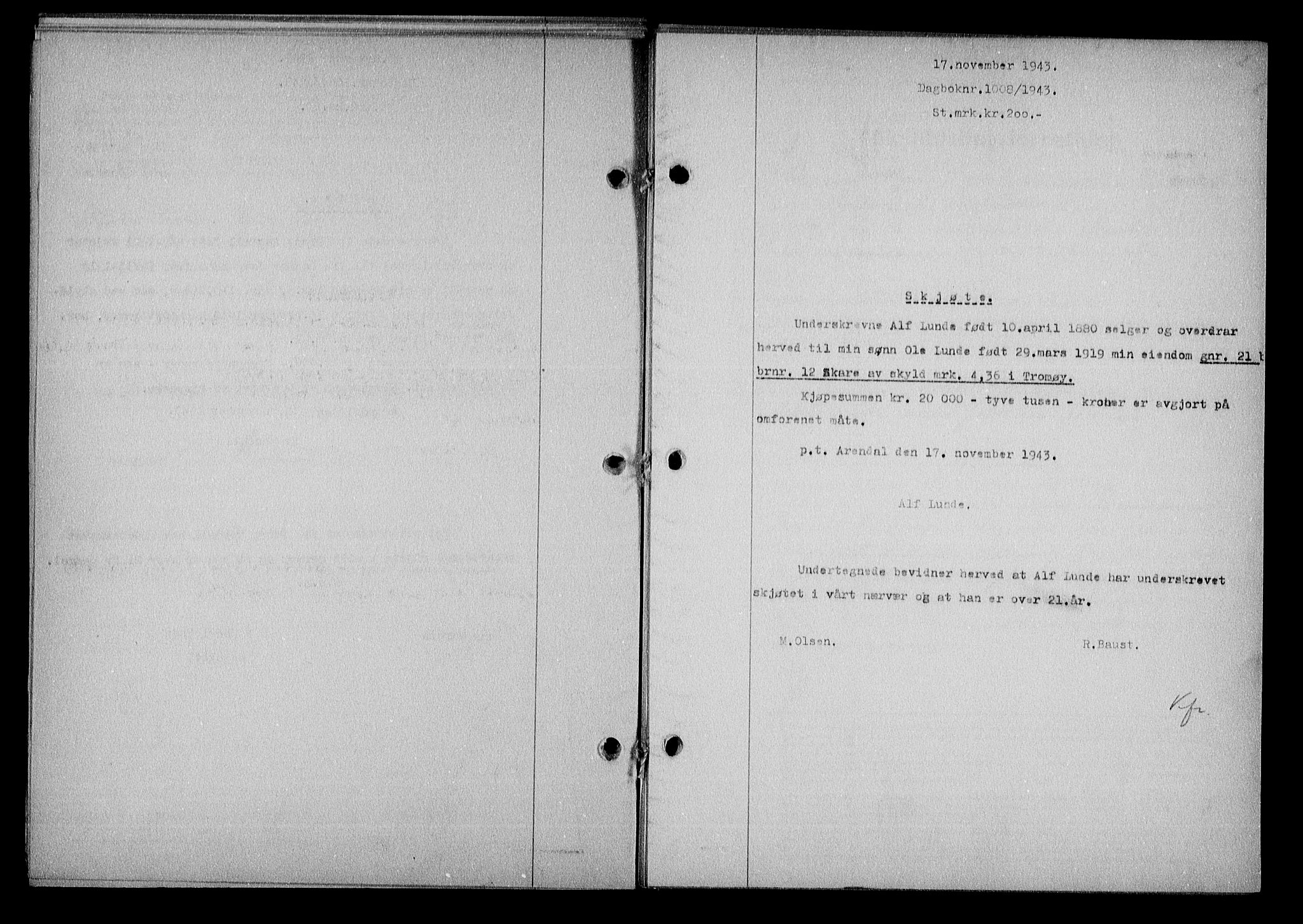 Nedenes sorenskriveri, SAK/1221-0006/G/Gb/Gba/L0051: Mortgage book no. A-V, 1943-1944, Diary no: : 1008/1943