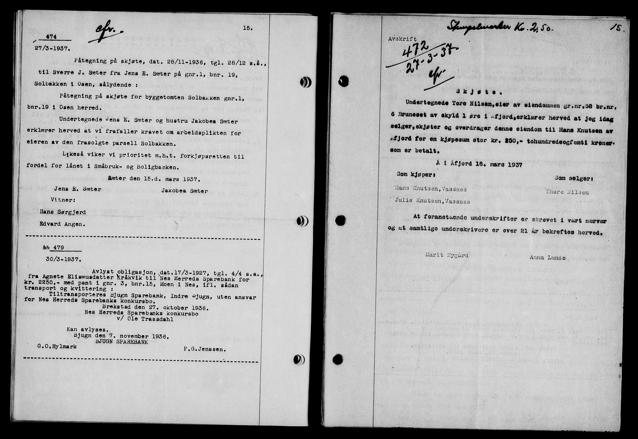 Fosen sorenskriveri, AV/SAT-A-1107/1/2/2C/L0085: Mortgage book no. 76, 1937-1937, p. 15