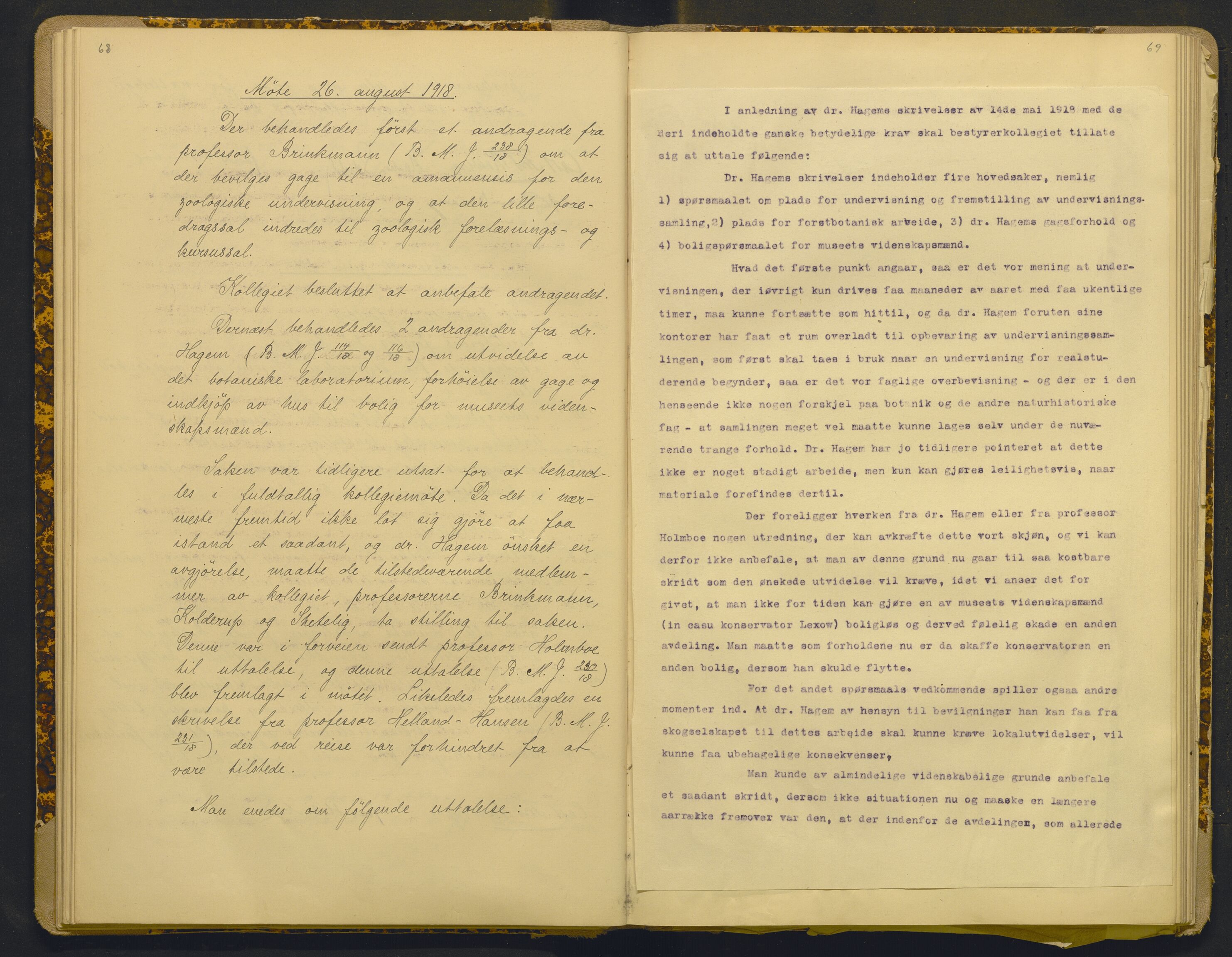 Bergens Museum, AV/SAB-A-17301/18/A/L0001: Bestyrerkollegiets forhandlingsprotokoll med register , 1907-1927, p. 68-69