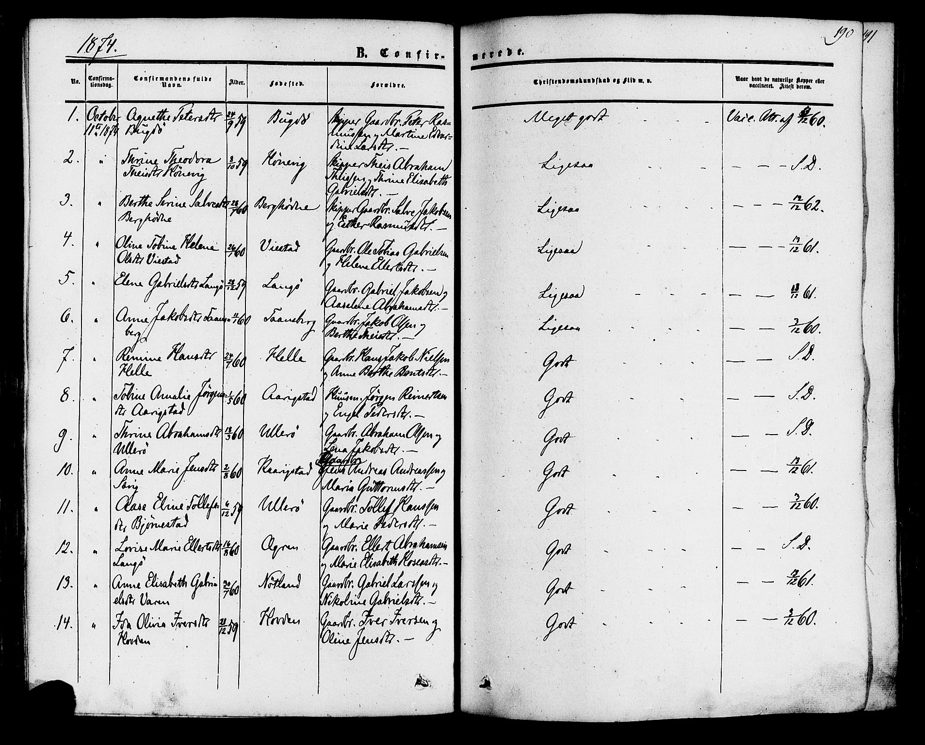 Herad sokneprestkontor, AV/SAK-1111-0018/F/Fa/Fab/L0004: Parish register (official) no. A 4, 1853-1885, p. 190