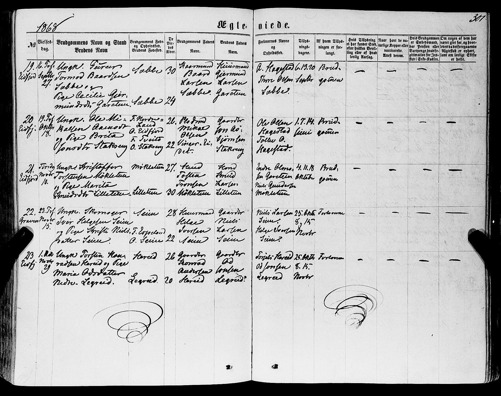 Ulvik sokneprestembete, AV/SAB-A-78801/H/Haa: Parish register (official) no. A 15, 1864-1878, p. 301