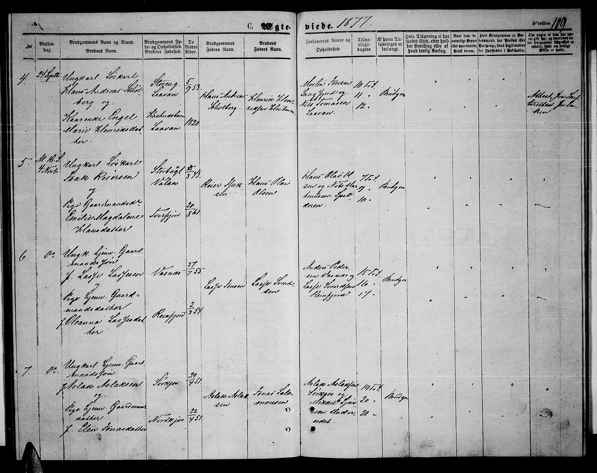 Skjervøy sokneprestkontor, AV/SATØ-S-1300/H/Ha/Hab/L0014klokker: Parish register (copy) no. 14, 1871-1877, p. 109