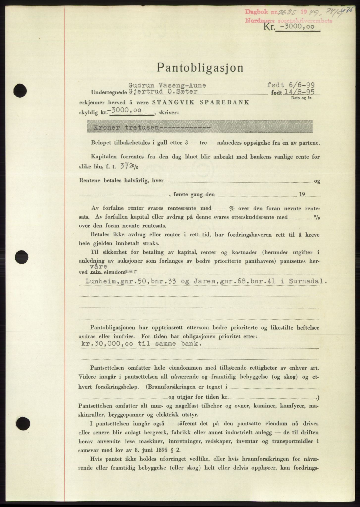 Nordmøre sorenskriveri, AV/SAT-A-4132/1/2/2Ca: Mortgage book no. B102, 1949-1949, Diary no: : 2635/1949