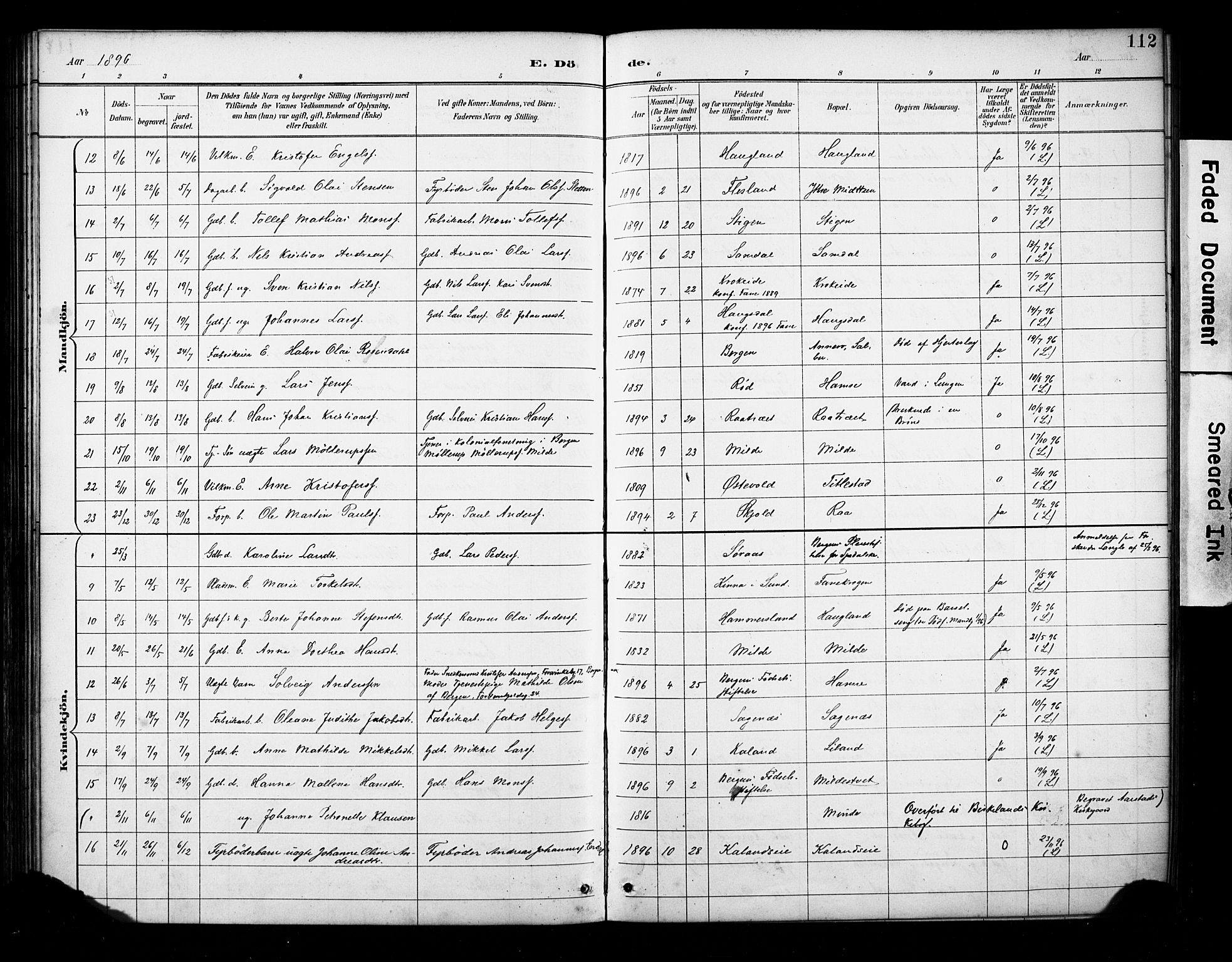 Fana Sokneprestembete, AV/SAB-A-75101/H/Haa/Haab/L0002: Parish register (official) no. B 2, 1890-1897, p. 112