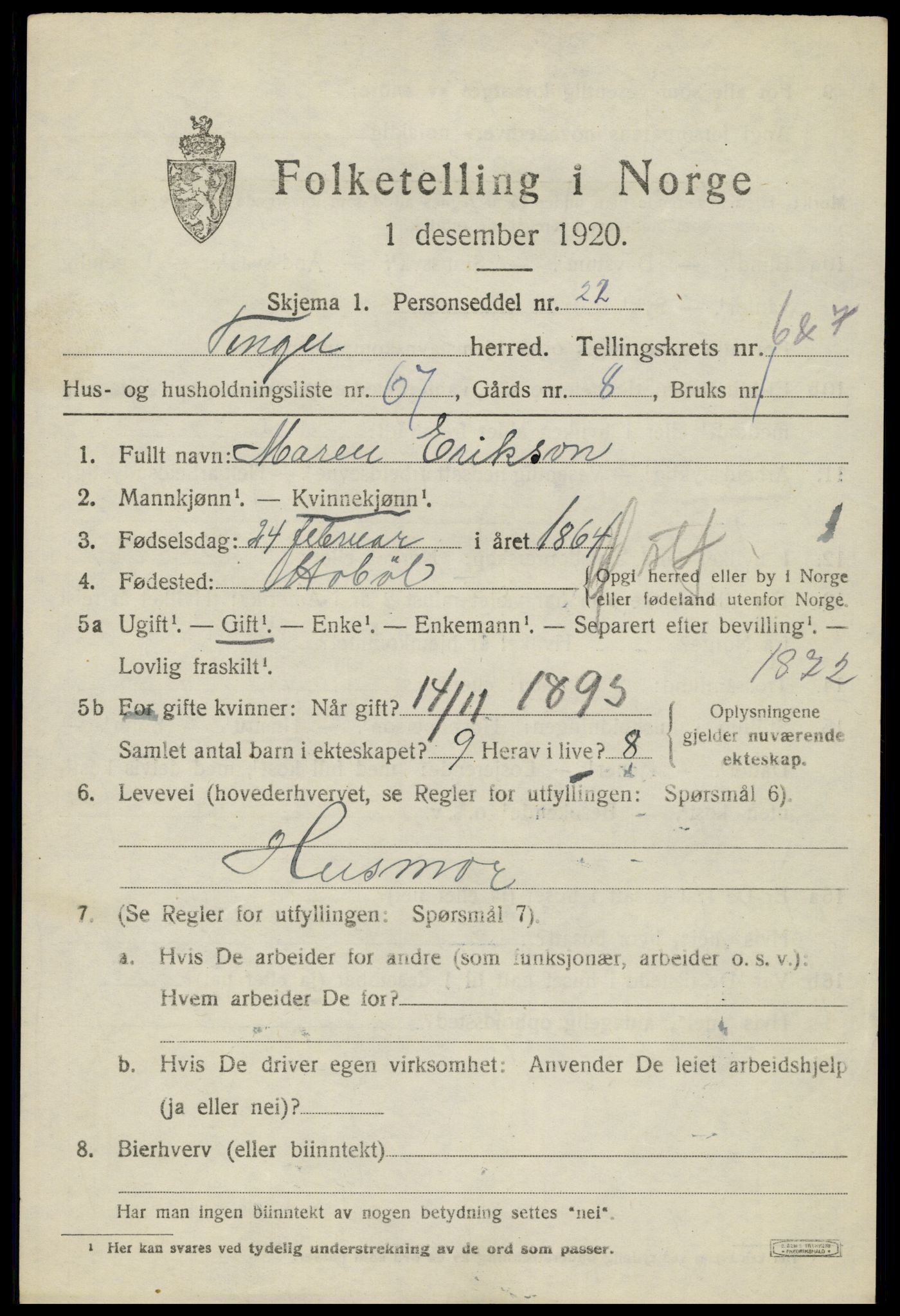 SAH, 1920 census for Vinger, 1920, p. 6960