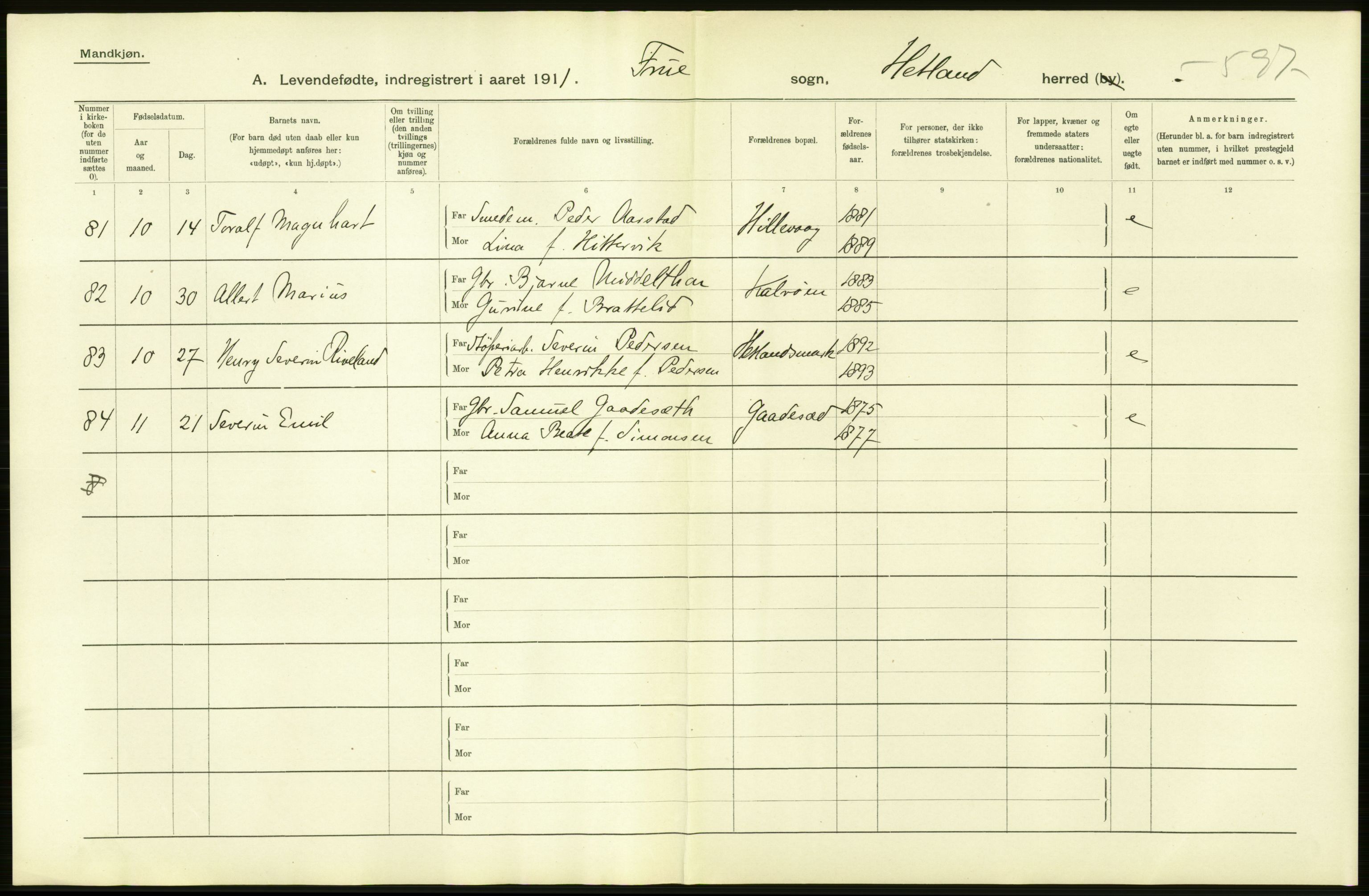 Statistisk sentralbyrå, Sosiodemografiske emner, Befolkning, RA/S-2228/D/Df/Dfb/Dfba/L0025: Stavanger amt:  Levendefødte menn og kvinner. Bygder., 1911, p. 6