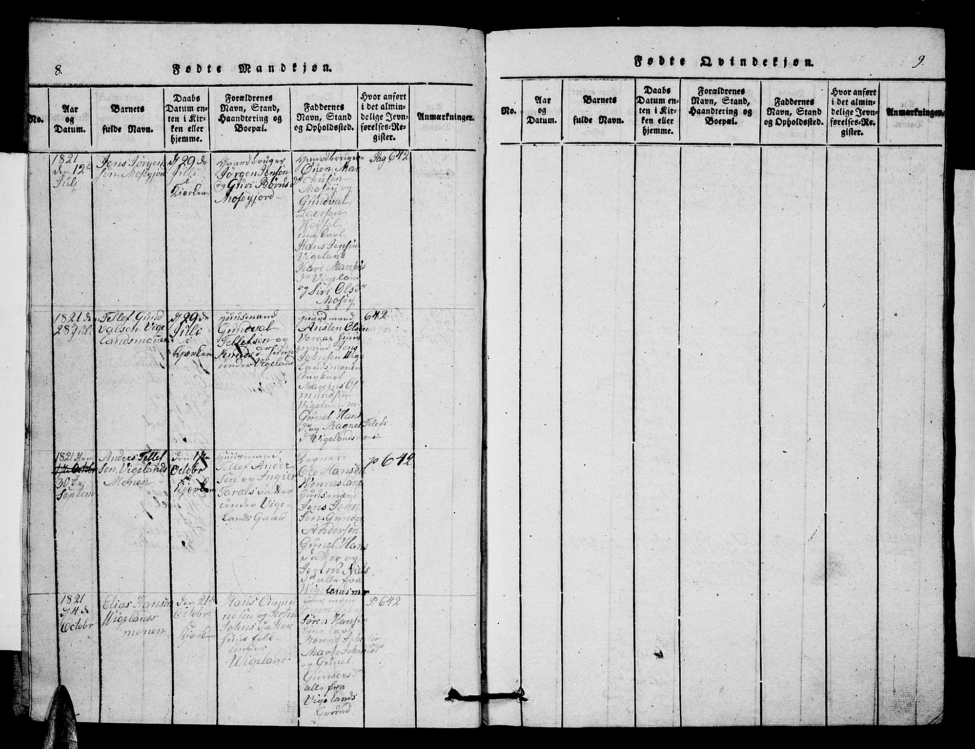 Vennesla sokneprestkontor, AV/SAK-1111-0045/Fb/Fbb/L0001: Parish register (copy) no. B 1, 1820-1834, p. 8-9