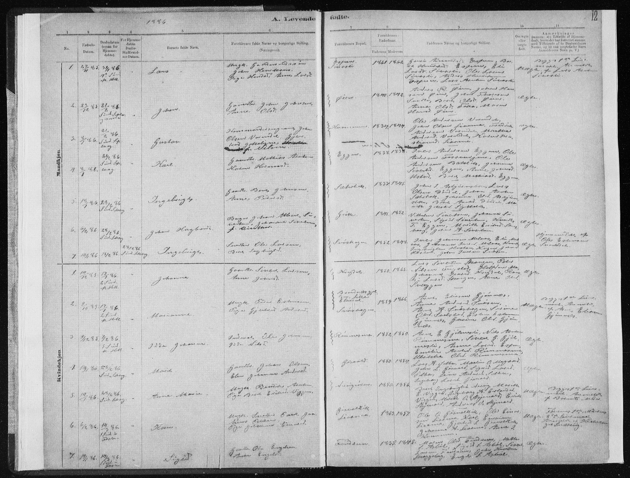 Ministerialprotokoller, klokkerbøker og fødselsregistre - Sør-Trøndelag, SAT/A-1456/668/L0818: Parish register (copy) no. 668C07, 1885-1898, p. 12