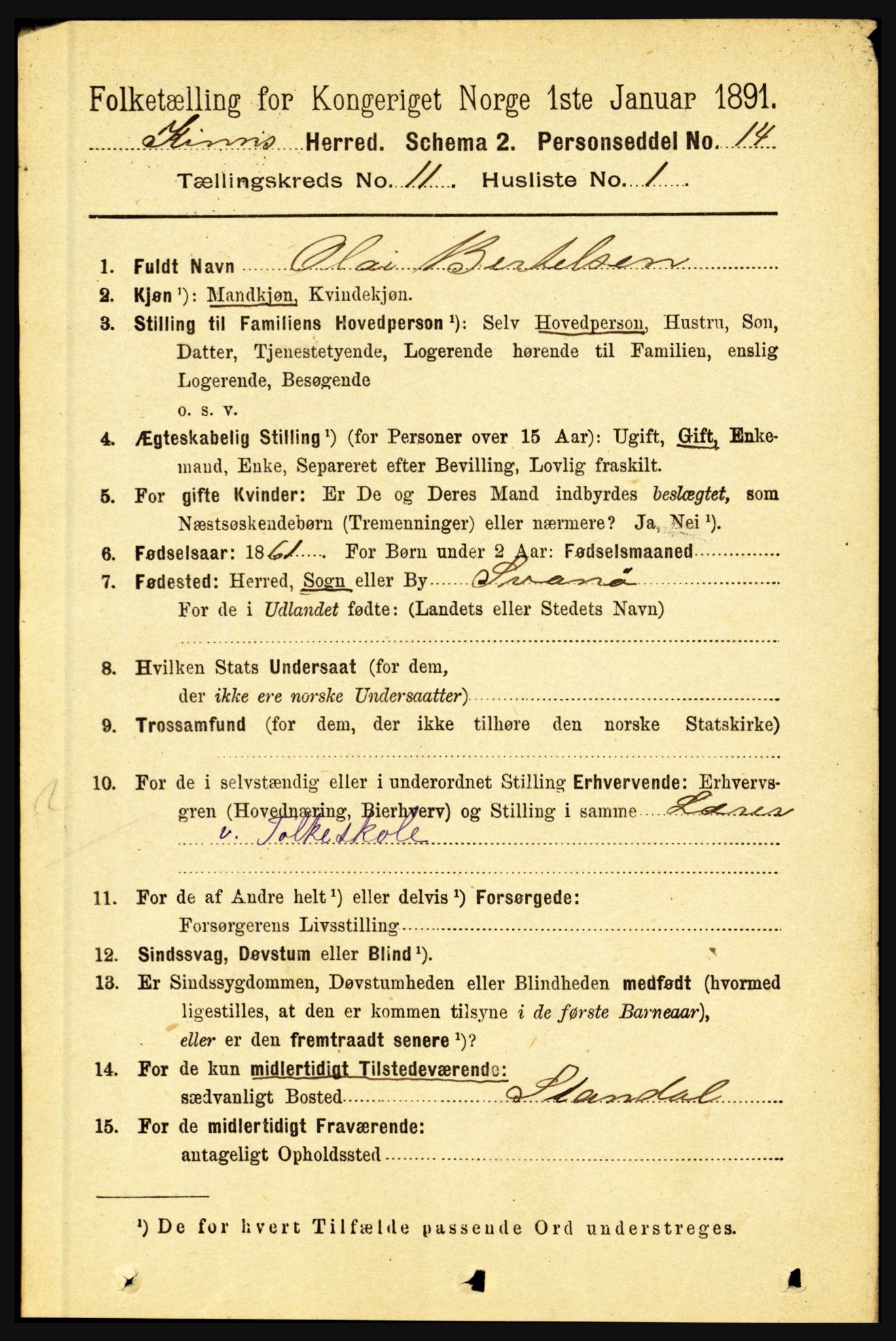 RA, 1891 census for 1437 Kinn, 1891, p. 4069