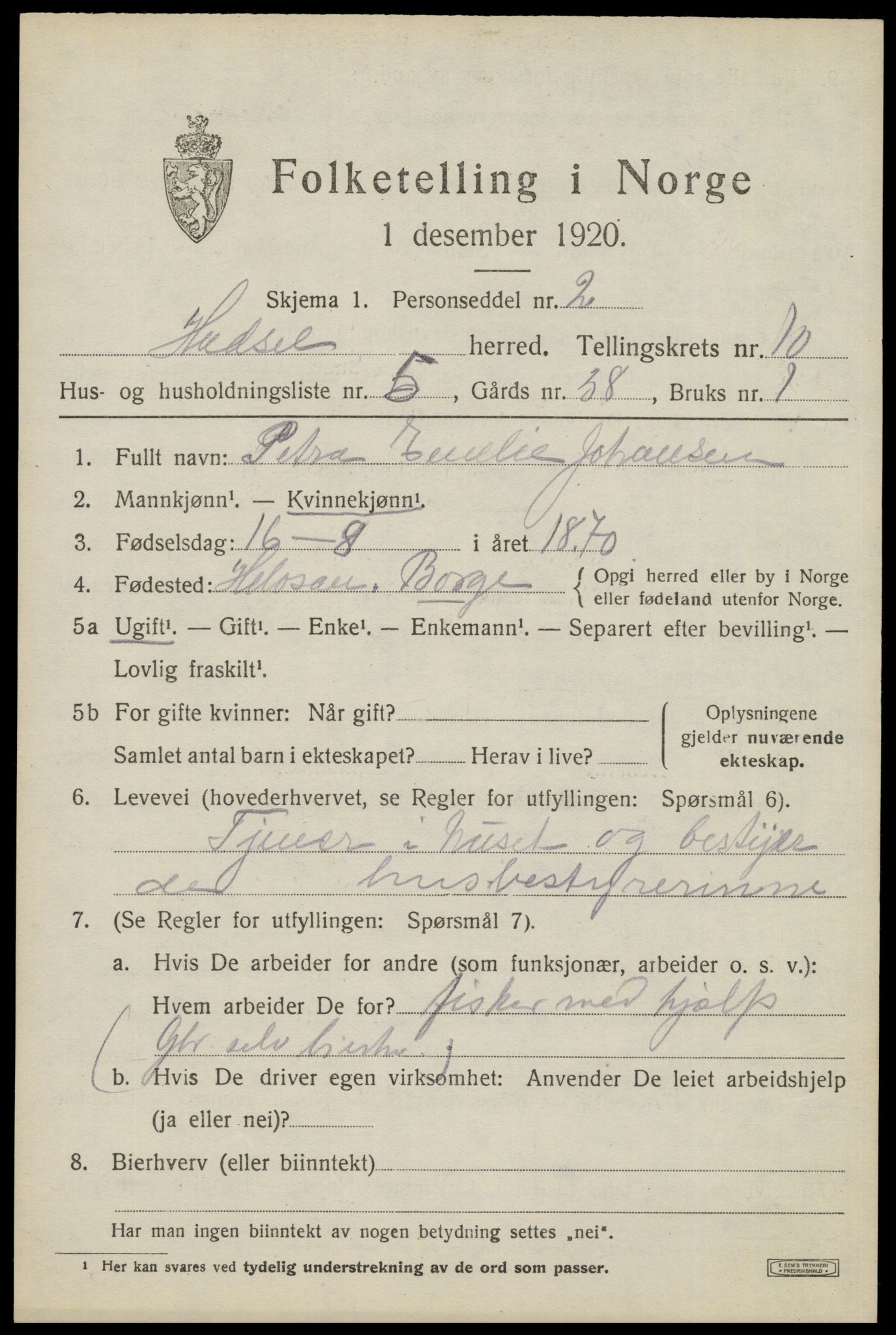 SAT, 1920 census for Hadsel, 1920, p. 8172