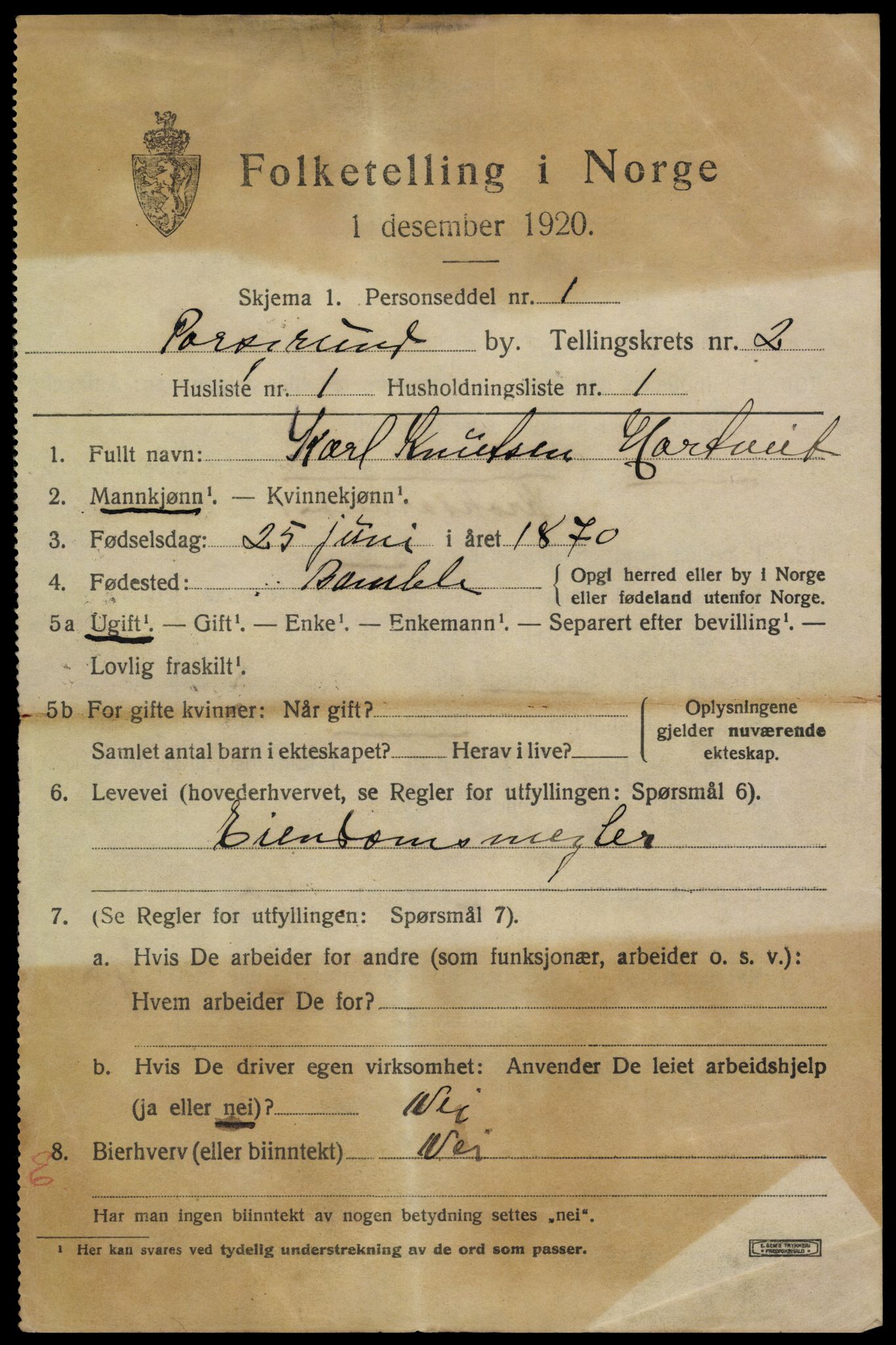 SAKO, 1920 census for Porsgrunn, 1920, p. 10837