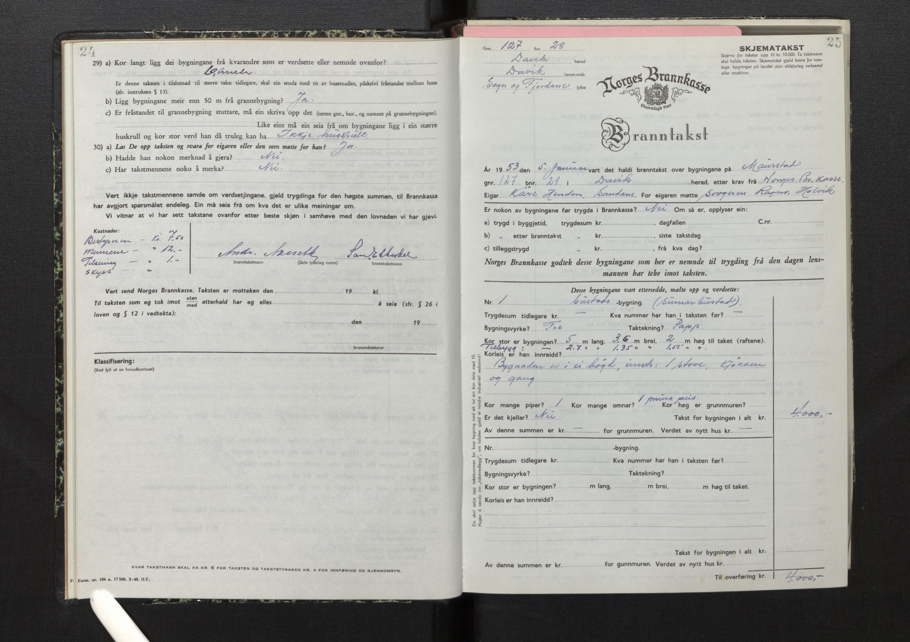Lensmannen i Davik, AV/SAB-A-26801/0012/L0005: Branntakstprotokoll, skjematakst, 1950-1953, p. 24-25