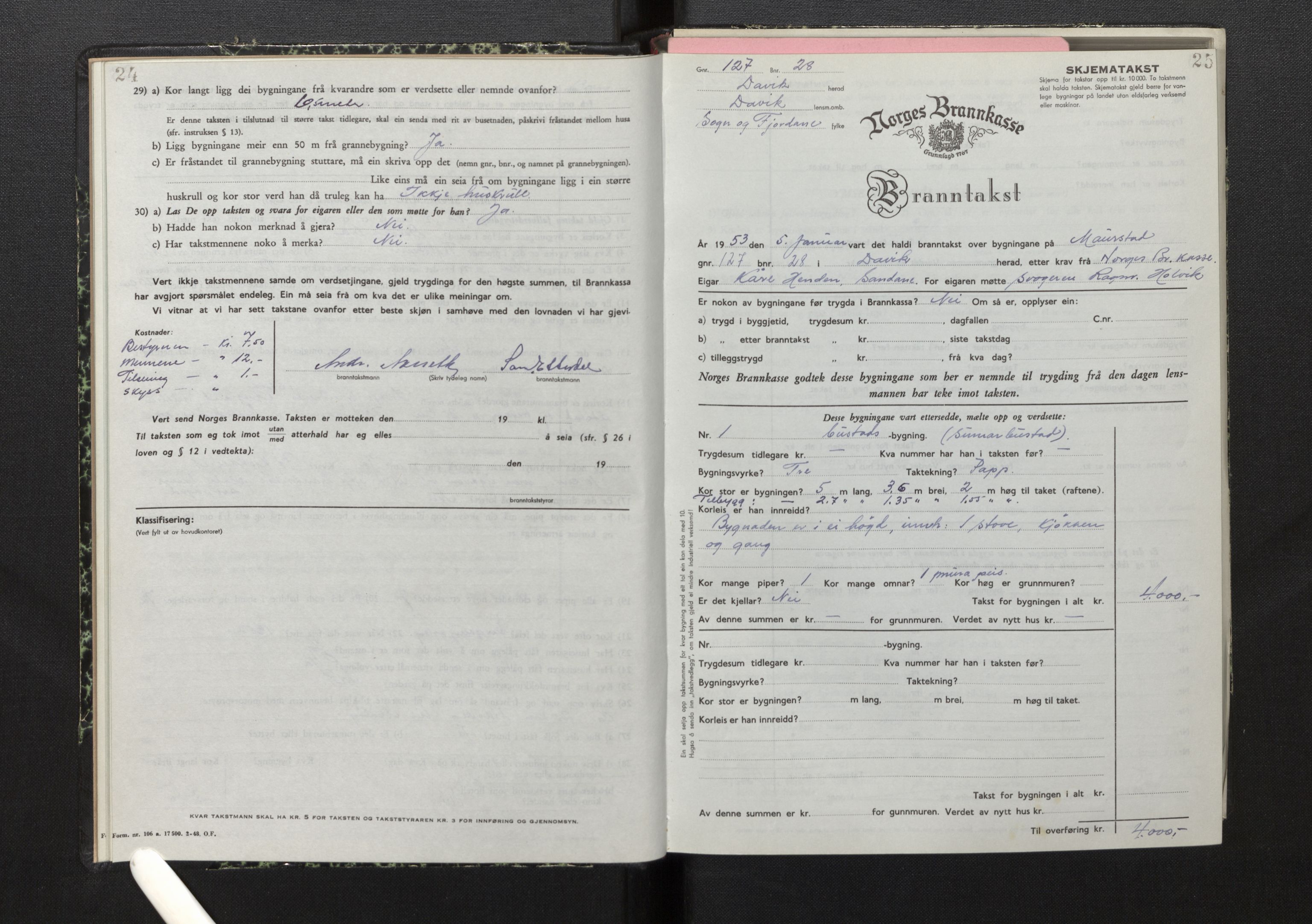 Lensmannen i Davik, SAB/A-26801/0012/L0005: Branntakstprotokoll, skjematakst, 1950-1953, p. 24-25