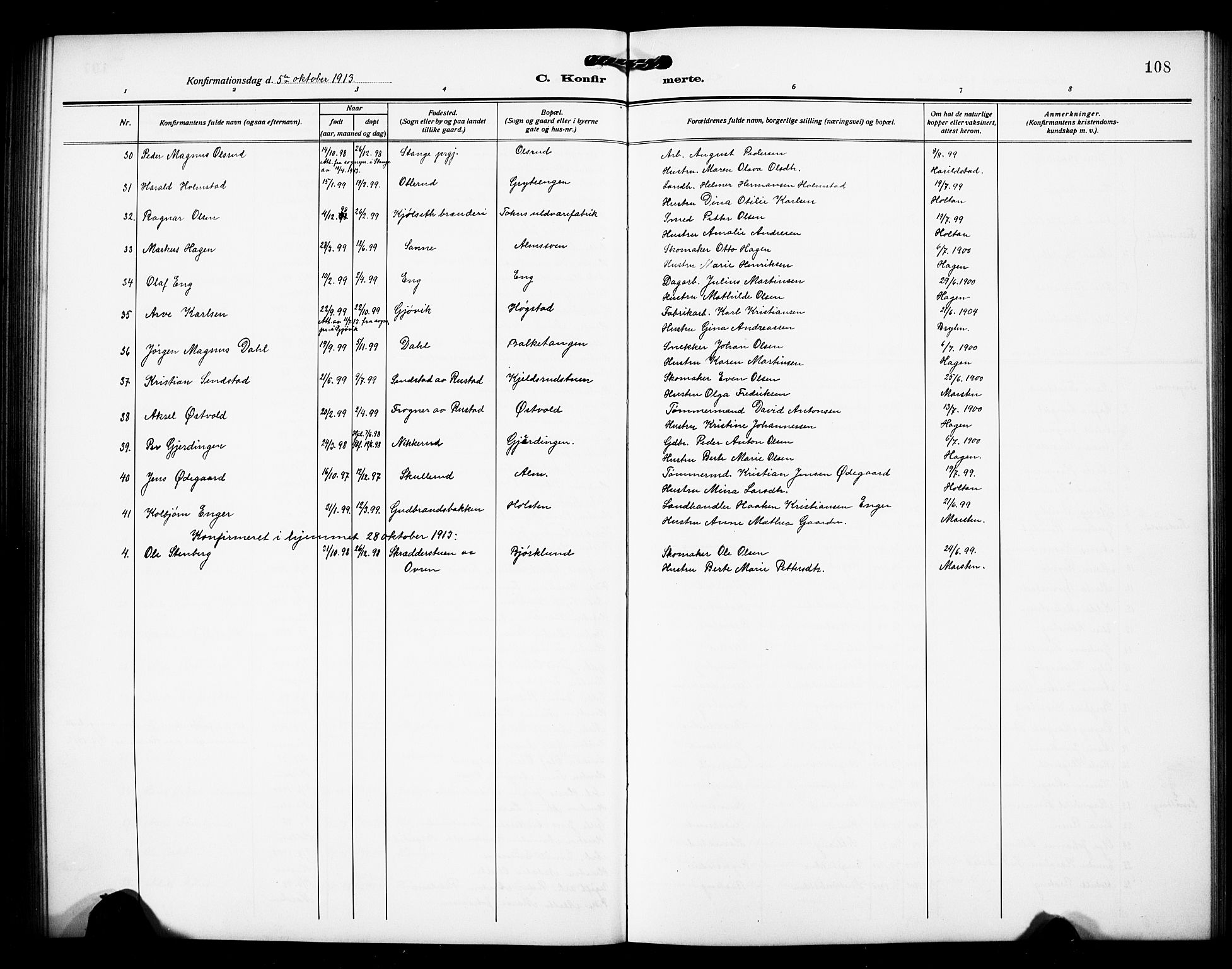 Østre Toten prestekontor, SAH/PREST-104/H/Ha/Hab/L0008: Parish register (copy) no. 8, 1913-1929, p. 108