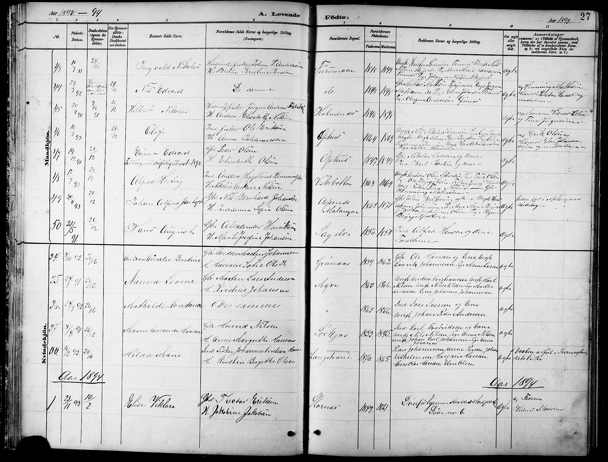Balsfjord sokneprestembete, SATØ/S-1303/G/Ga/L0008klokker: Parish register (copy) no. 8, 1890-1906, p. 27