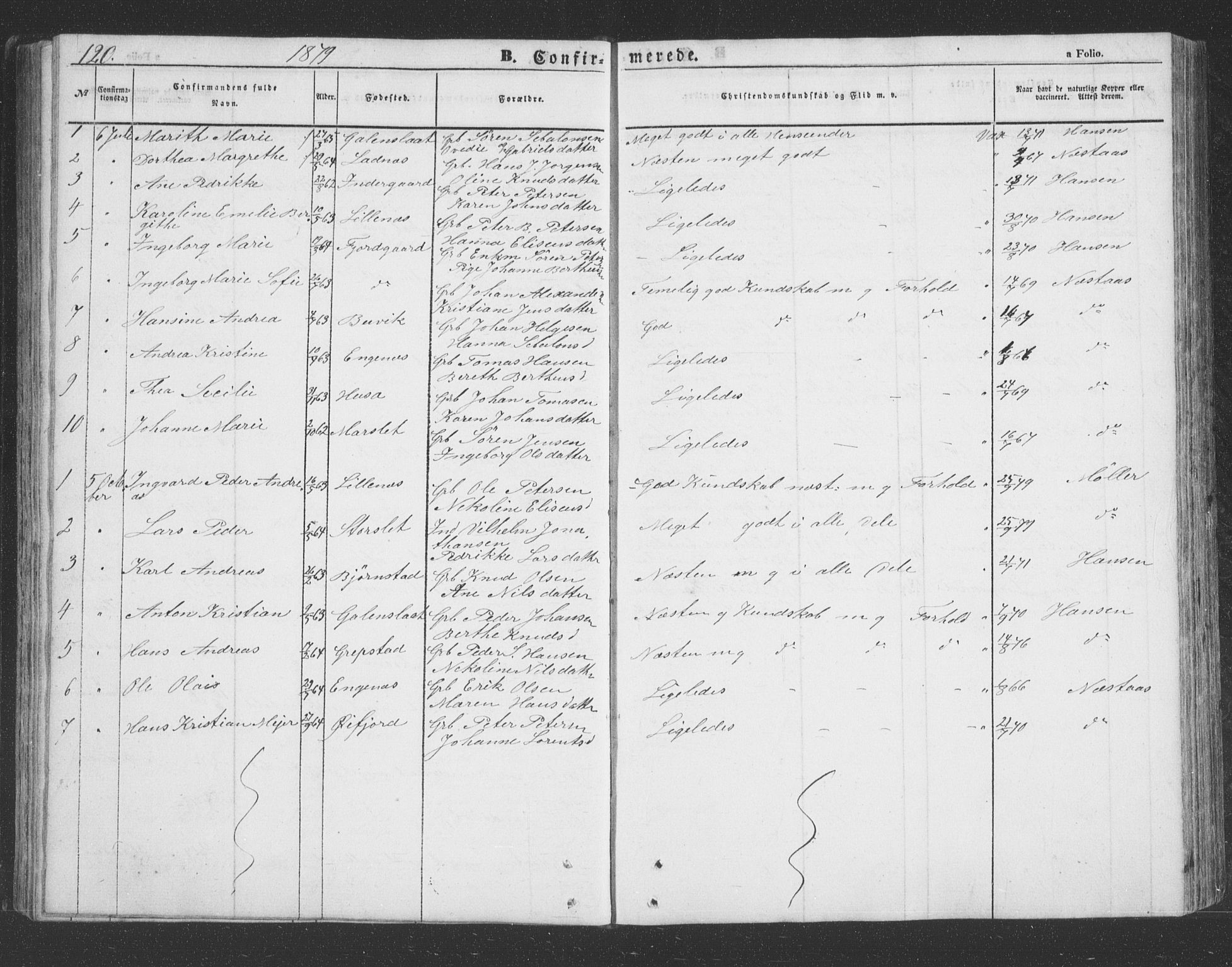 Lenvik sokneprestembete, SATØ/S-1310/H/Ha/Hab/L0020klokker: Parish register (copy) no. 20, 1855-1883, p. 120